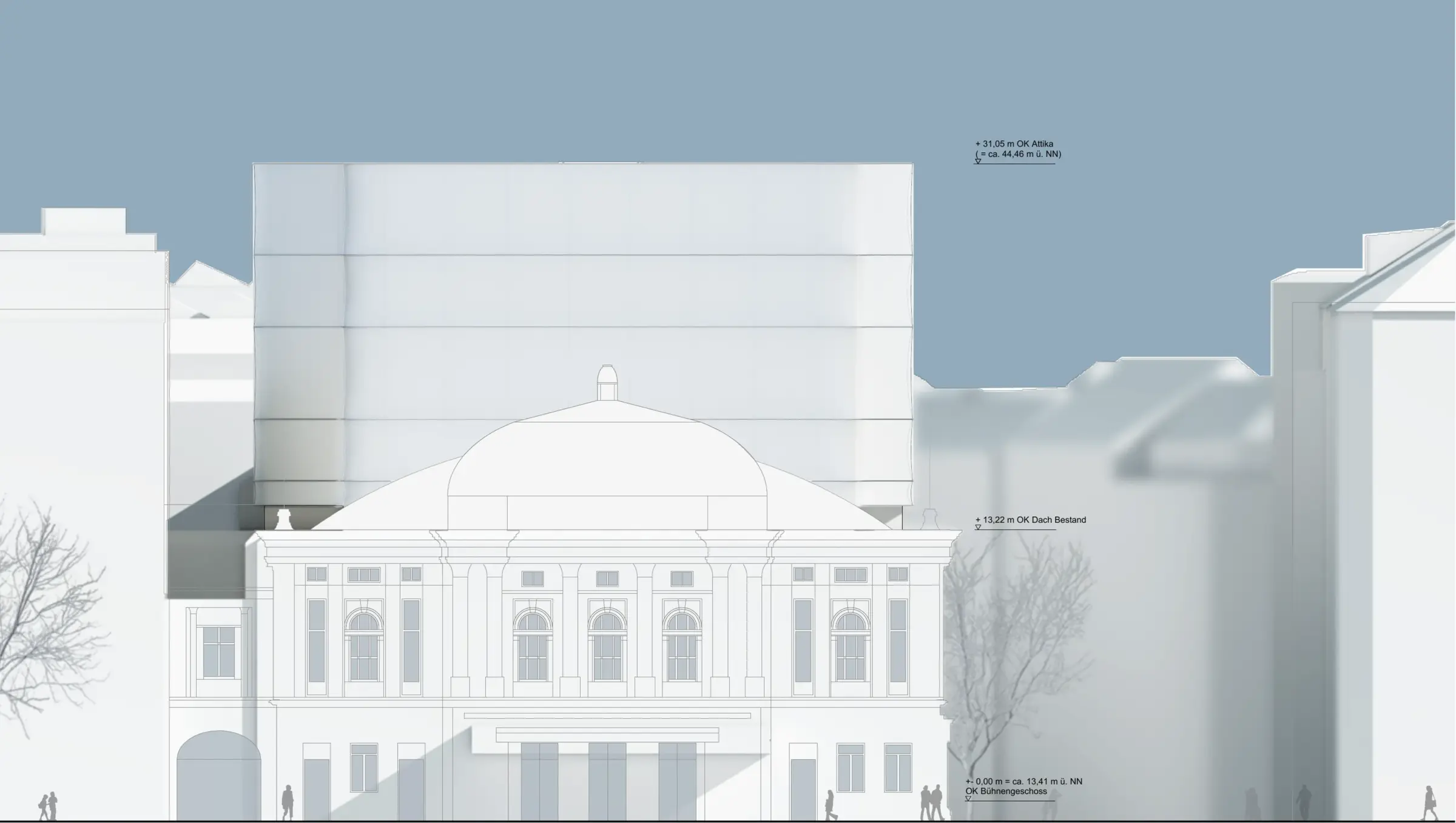 Ansicht von Westen zeigt einen historischen Kuppelbau mit neuem, transparent verkleidetem Bühnenturm dahinter.
