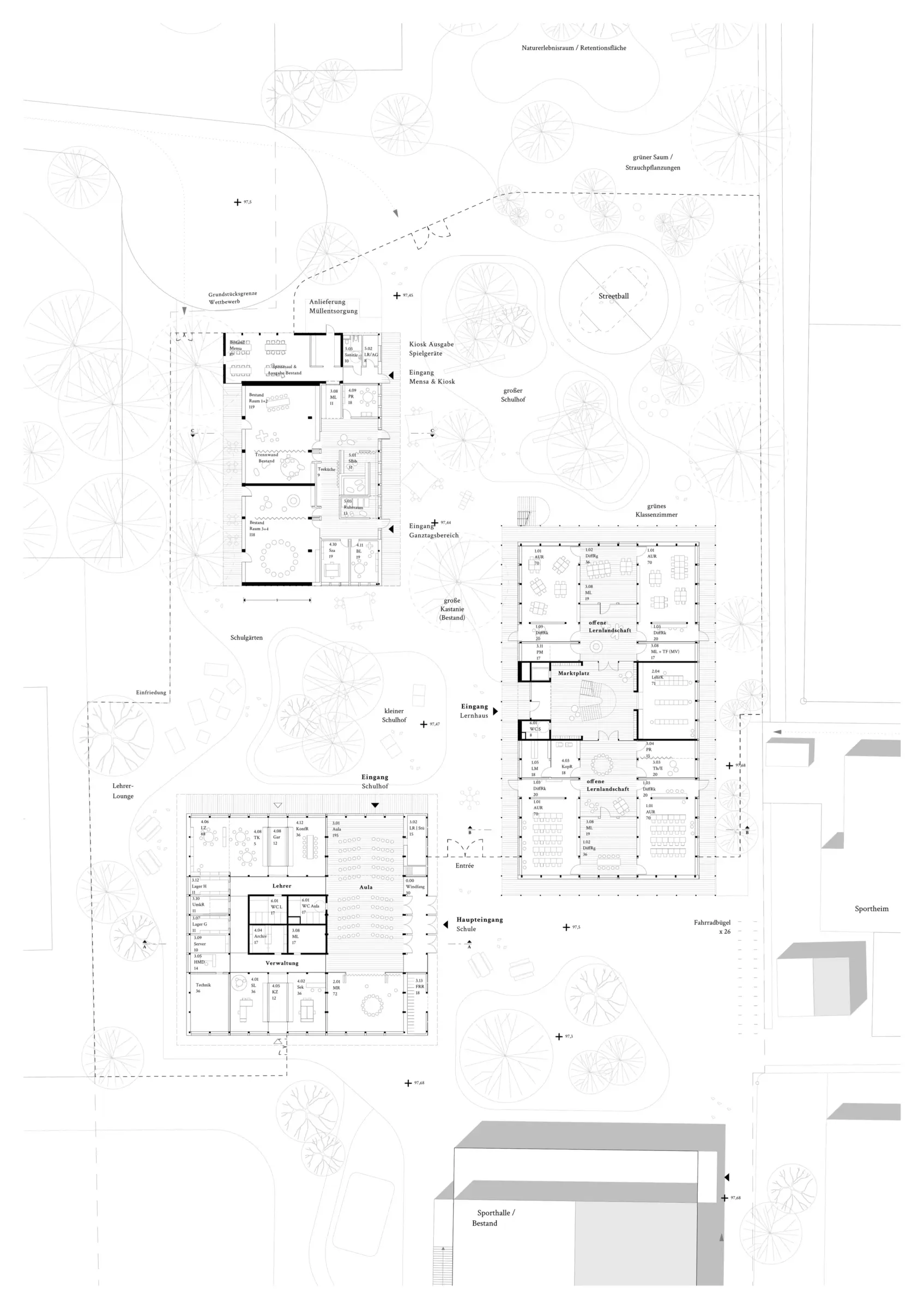 Lageplan mit Grundrissen des Erdgeschosses: Mensagebäude, Lernhaus und Verwaltungstrakt sind in die Freifläche mit Schulhöfen eingebettet.