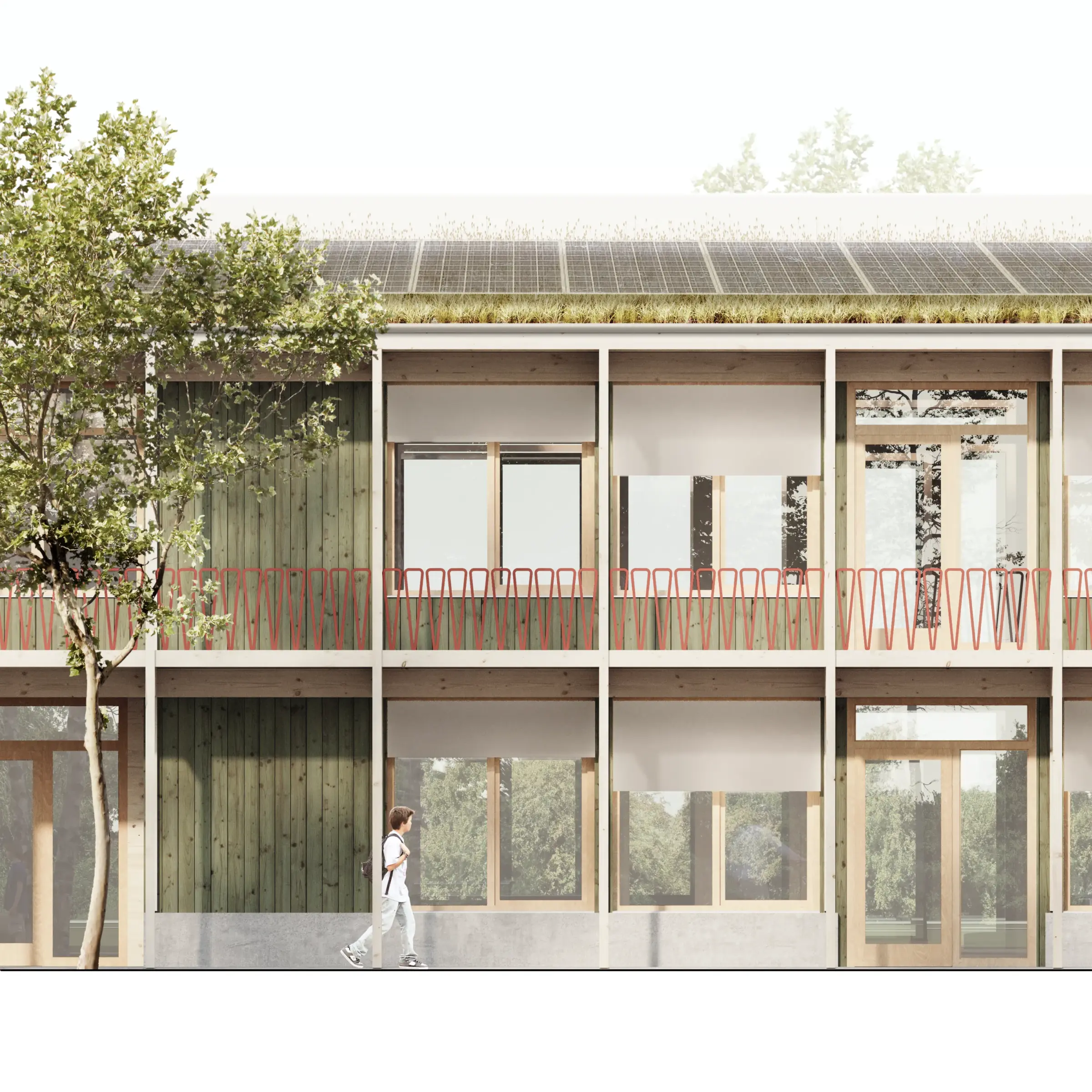 Zweigeschossige Fassade aus Holz mit Fensterbändern, Balkon mit rotem Zickzack-Geländer und begrüntem Dach mit Photovoltaik.