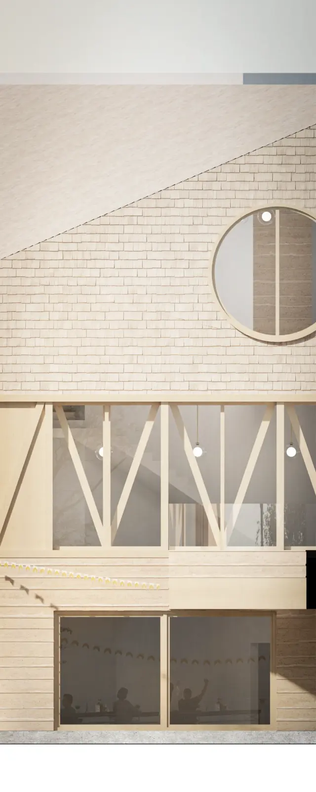 Fassadenausschnitt mit Ziegelmauerwerk, rundem Fenster und darunterliegender Holzkonstruktion mit sichtbaren Diagonalstreben.