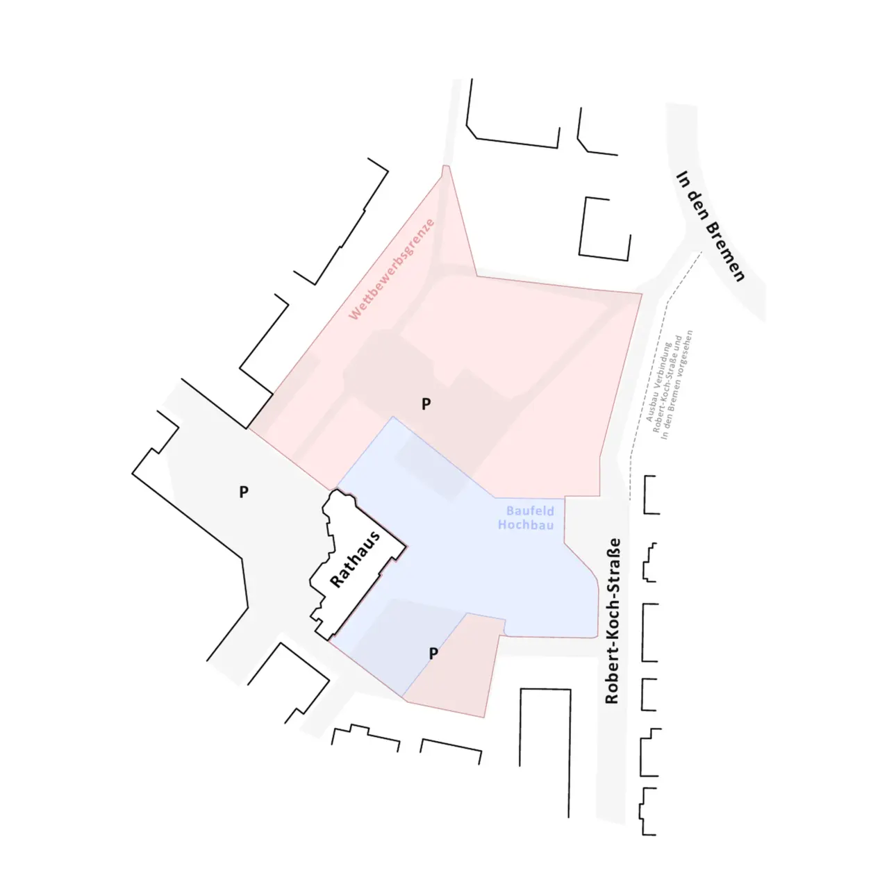 Lageplan zeigt Wettbewerbsgrenze und Baufeld Hochbau neben dem Rathaus an der Robert-Koch-Straße.