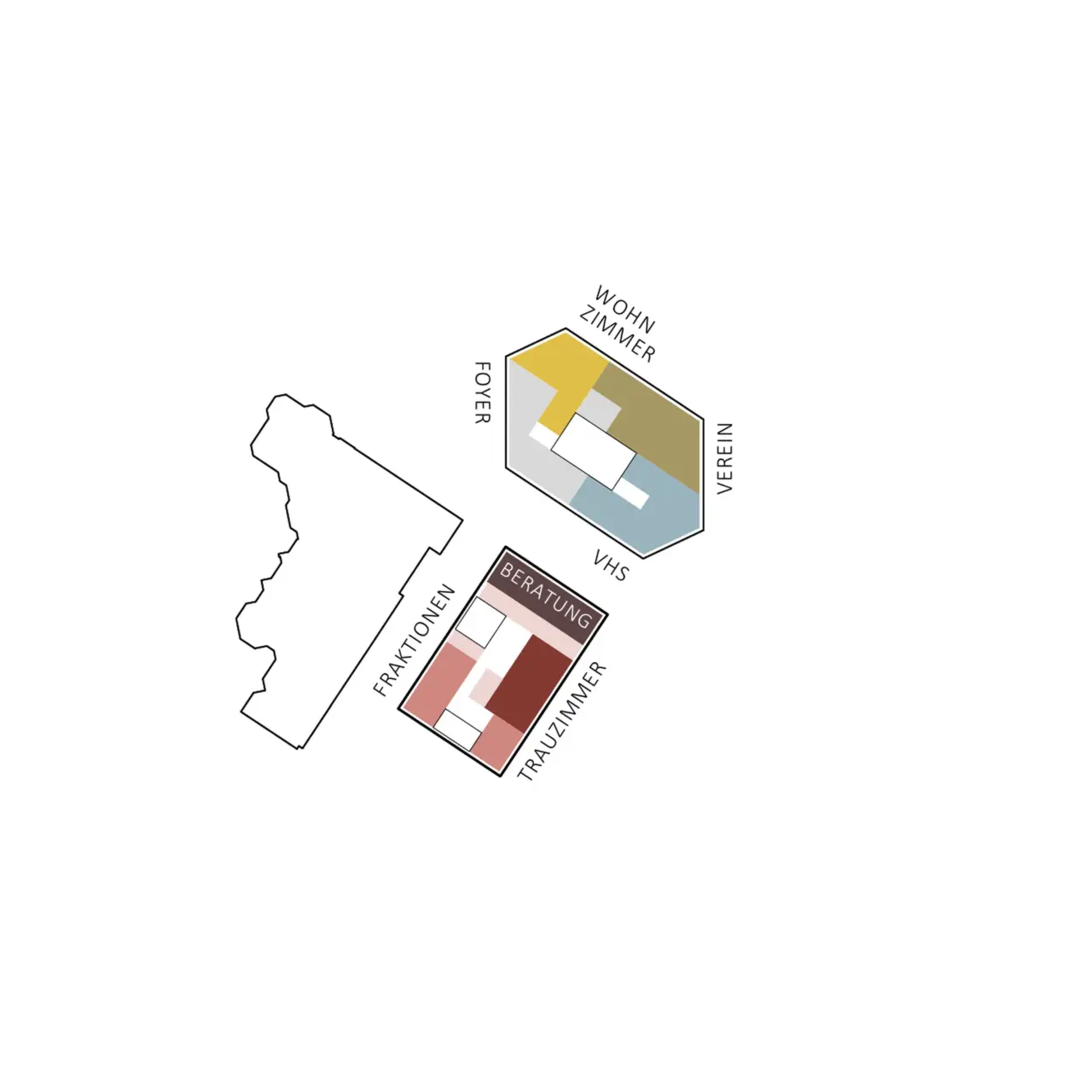 Piktogramm zur Nutzungsverteilung im Erdgeschoss zeigt zwei farbig unterteilte Raumgruppen neben einer schematischen Grundrisskontur.