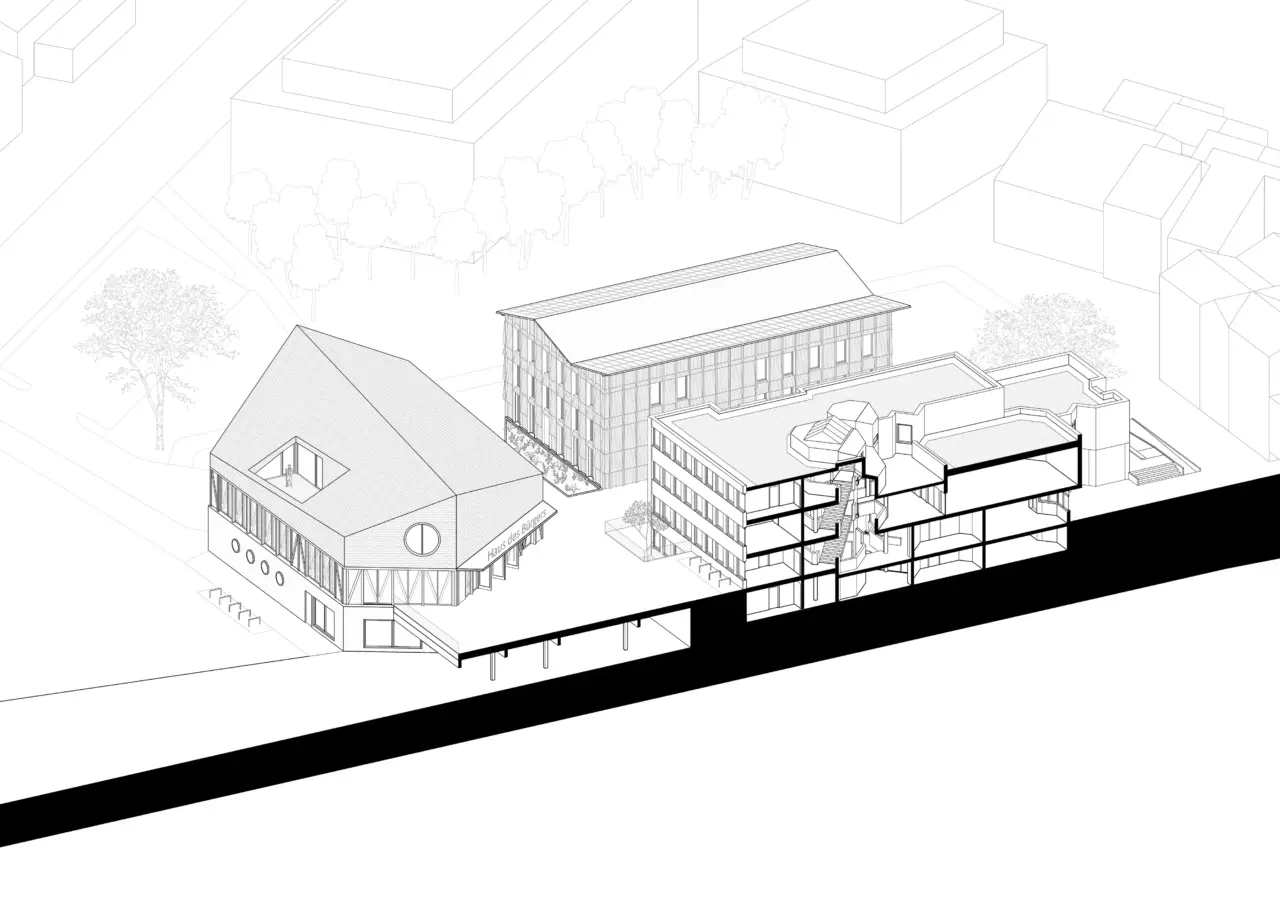 Die Zeichnung stellt links ein Gebäude mit steilem Giebeldach und Fachwerkfassade dar, daneben einen viergeschossigen Baukörper mit regelmäßiger Fensterreihung, dessen Schnittfläche Treppen und Geschossdecken im Inneren offenlegt.