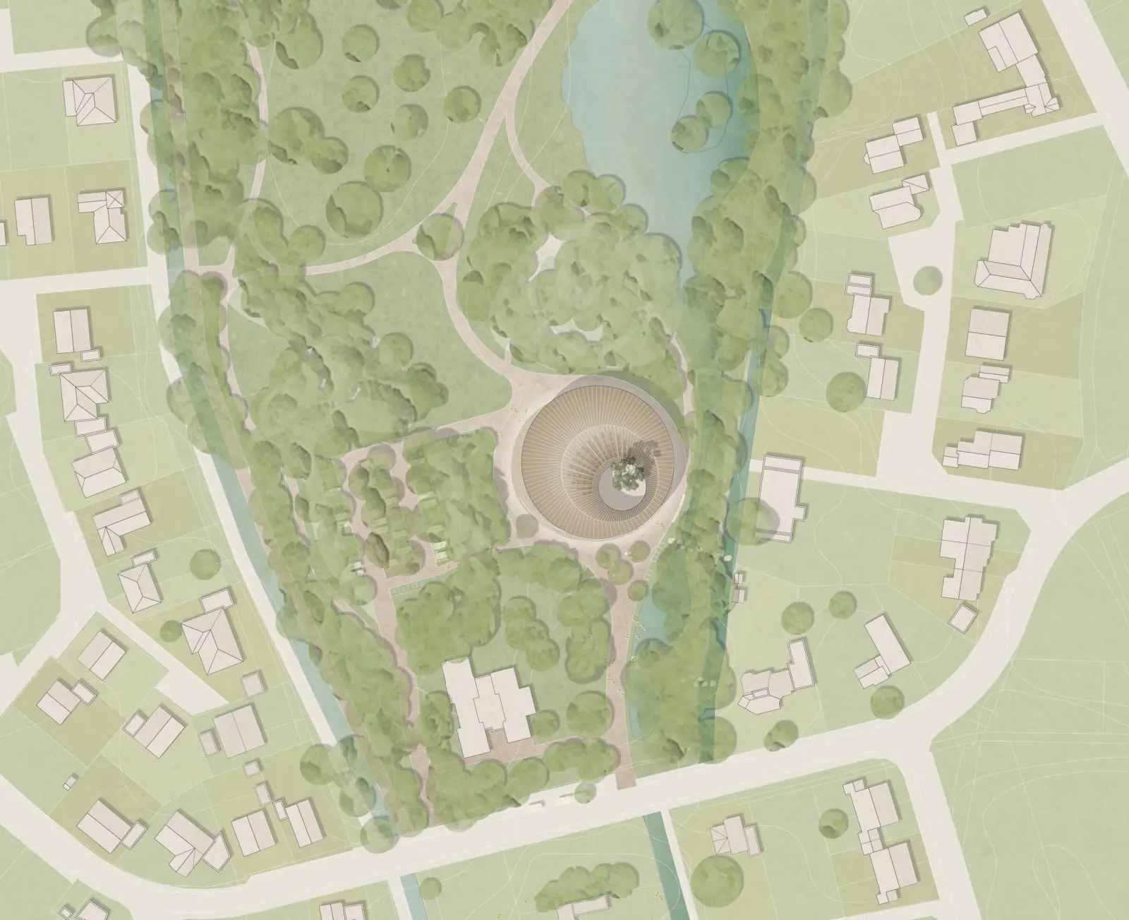 Lageplan mit rundem, spiralförmig gerippten Baukörper inmitten dichter Baumbepflanzung nahe einem Gewässer.