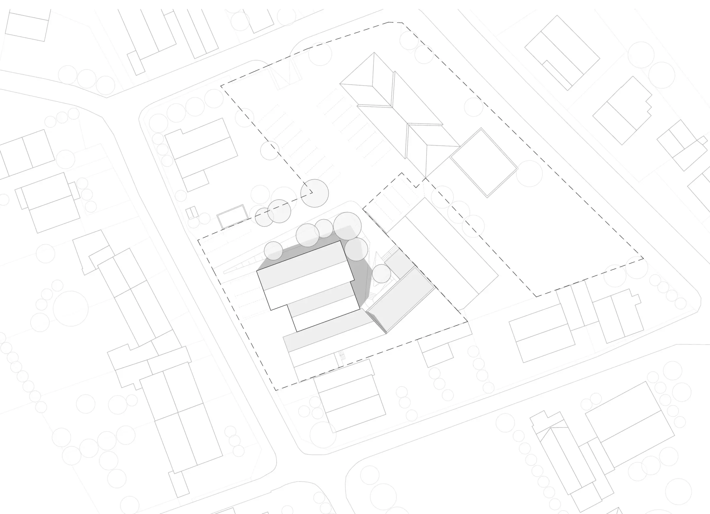 Lageplan zeigt das Gebäude eingebettet in ein Wohnquartier mit umliegenden Straßen, Bäumen und Nachbarbebauung.