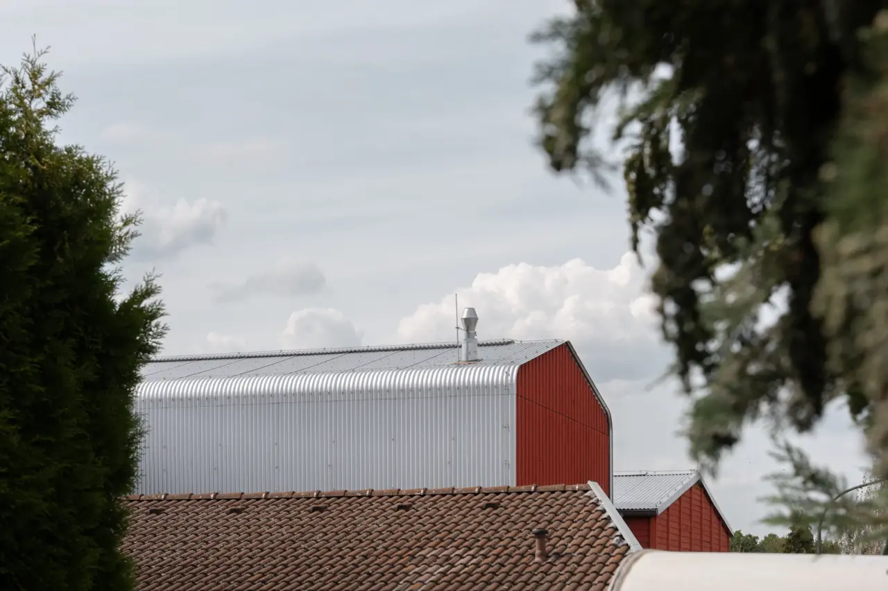 Hallenbau mit Wellblechfassade und rotem Giebel ragt hinter Ziegeldächern und Bäumen hervor.