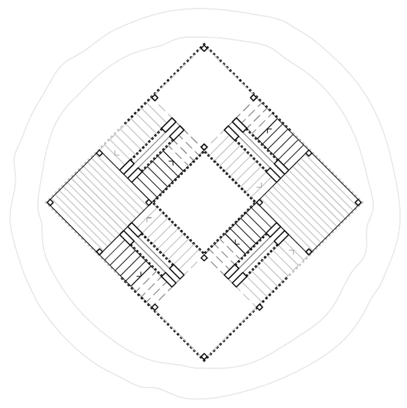Grundriss des 2. Obergeschosses zeigt einen quadratischen Innenraum mit vier diagonal angeordneten Treppenläufen.