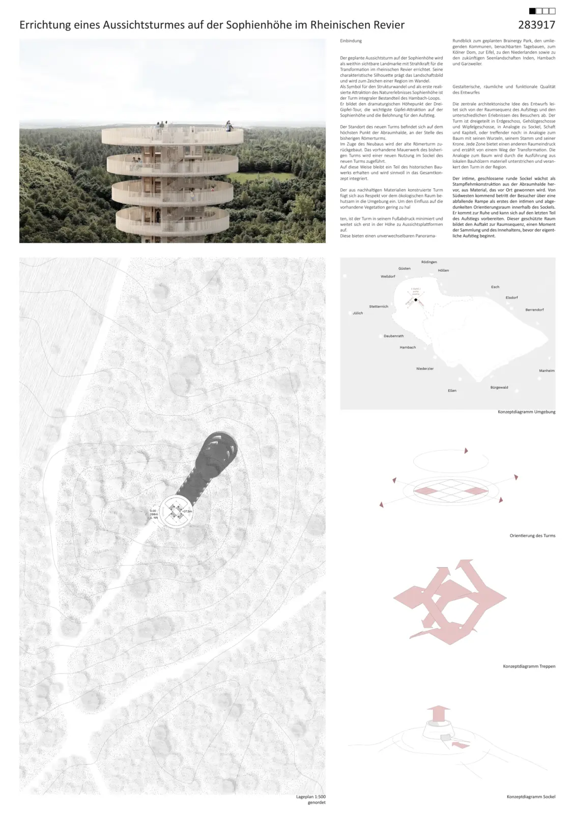 Präsentationsplan zeigt eine Fotomontage des runden Aussichtsturms im Wald, ergänzt durch Lageplan und Konzeptdiagramme.
