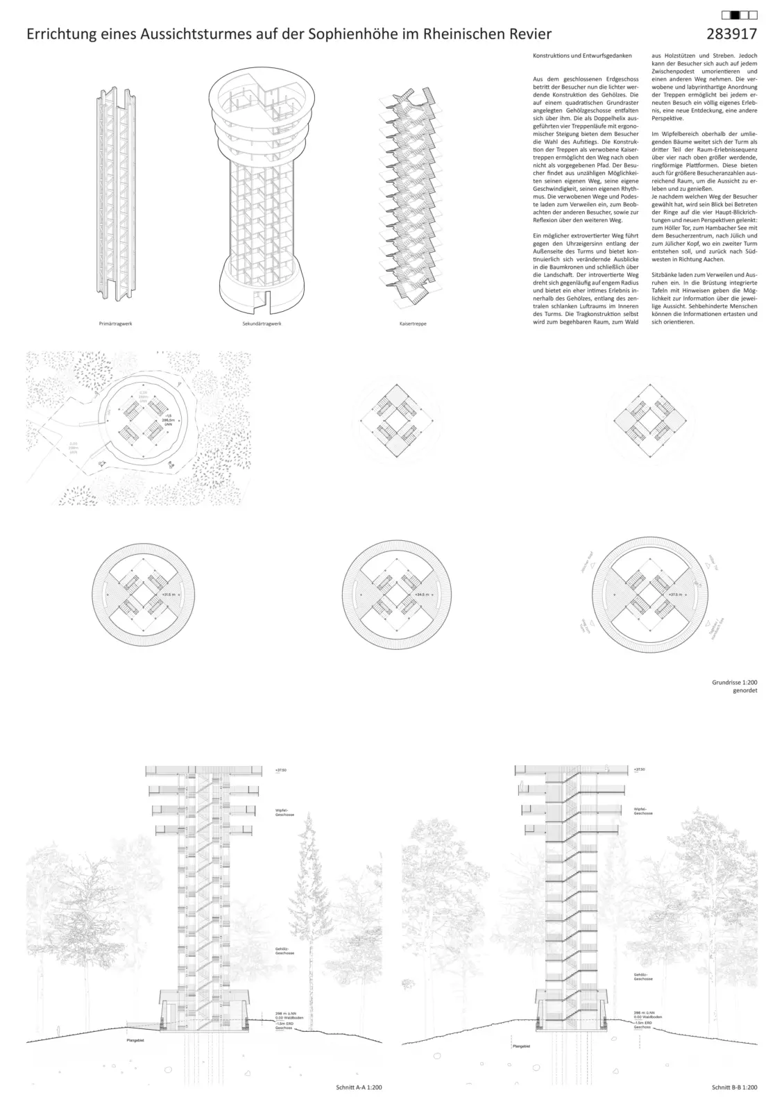 Präsentationsplan eines Aussichtsturms mit Axonometrien der Tragwerke, Lageplan, Grundrissen und zwei Schnitten.