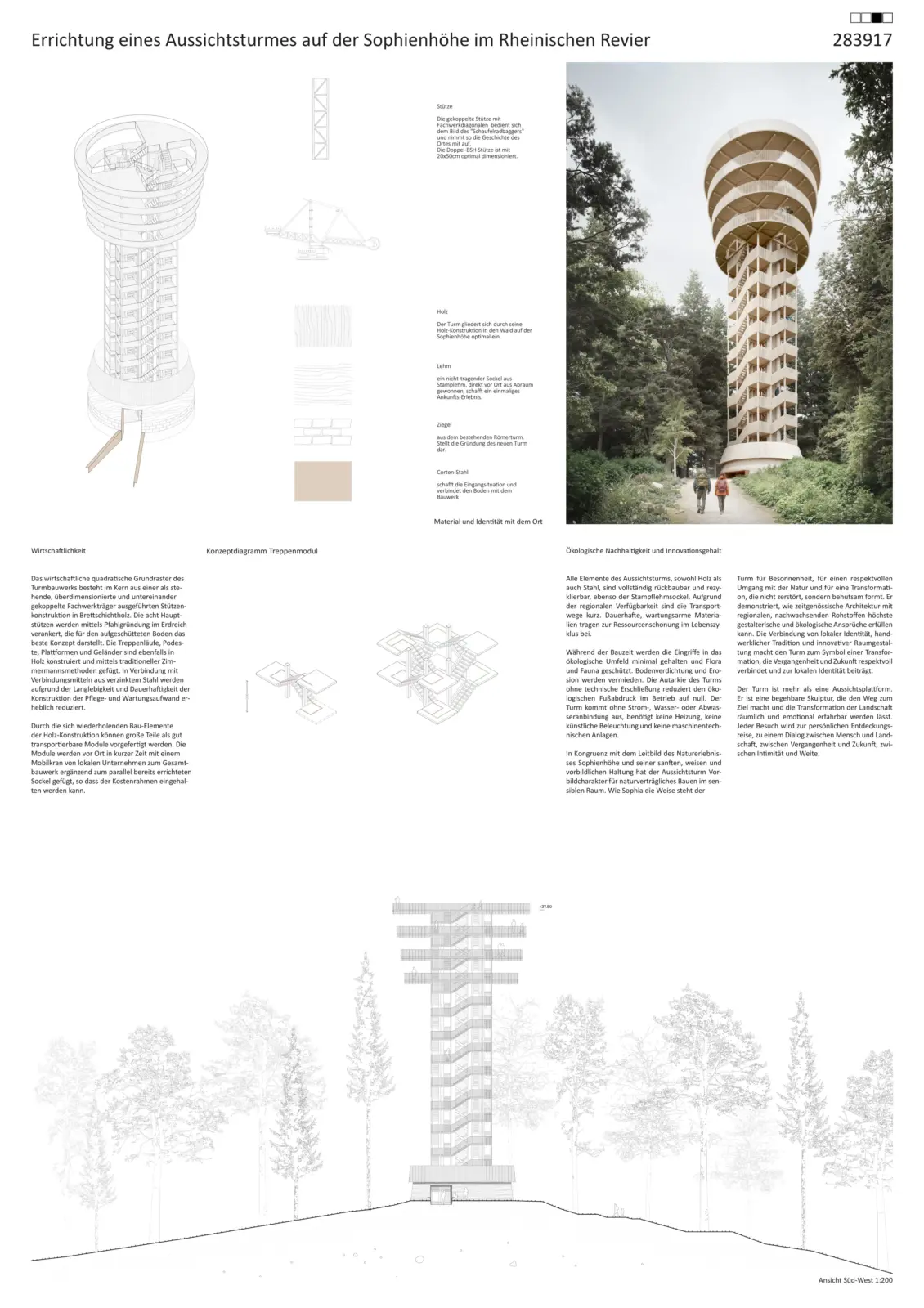 Präsentationsplan zeigt Axonometrie, Konzeptdiagramme und Außenperspektive eines runden Holz-Aussichtsturms im Wald