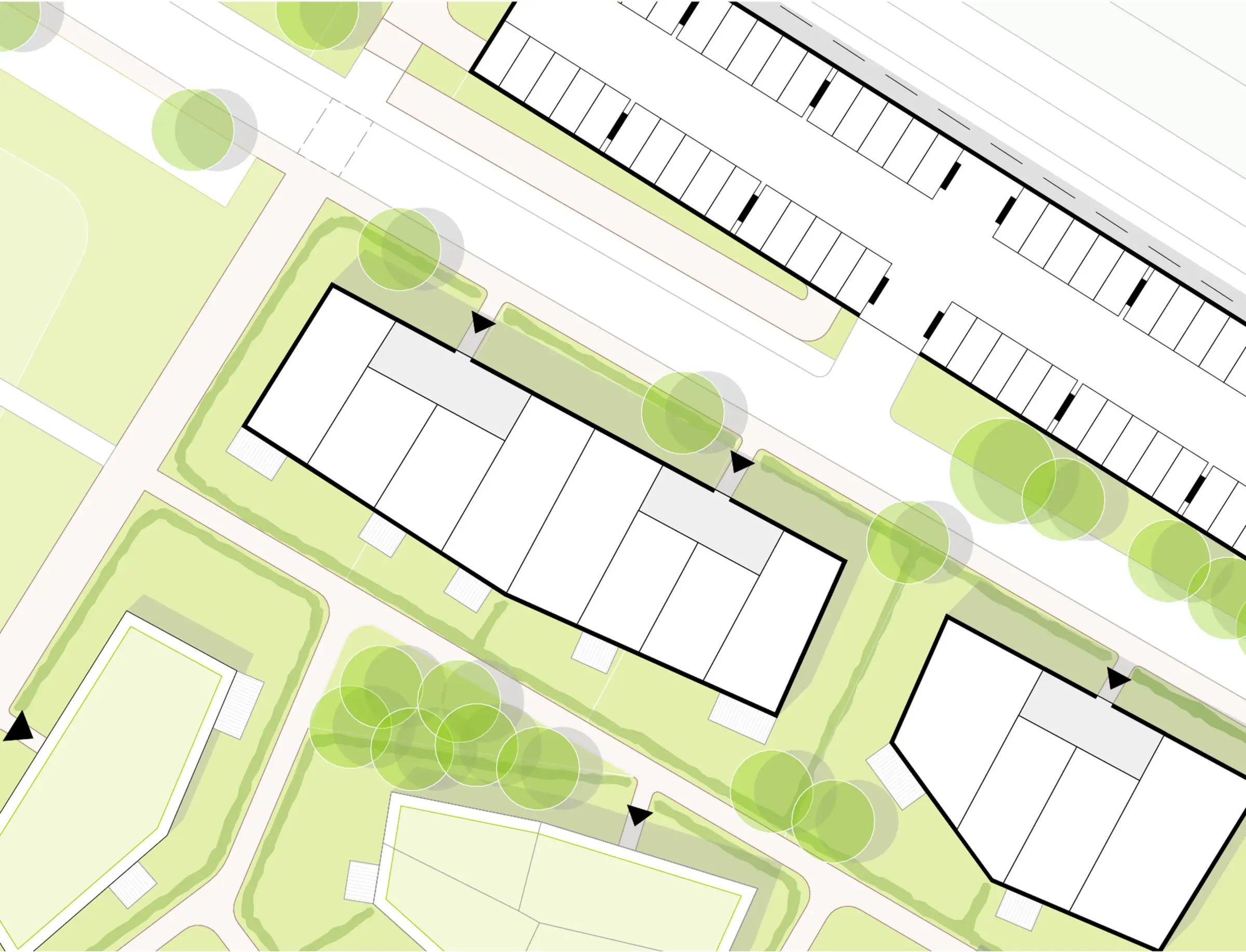 Lageplan zeigt zwei Wohnriegel mit Grünstreifen, Fußwegen und einem angrenzenden Parkplatz mit Stellplatzreihen.