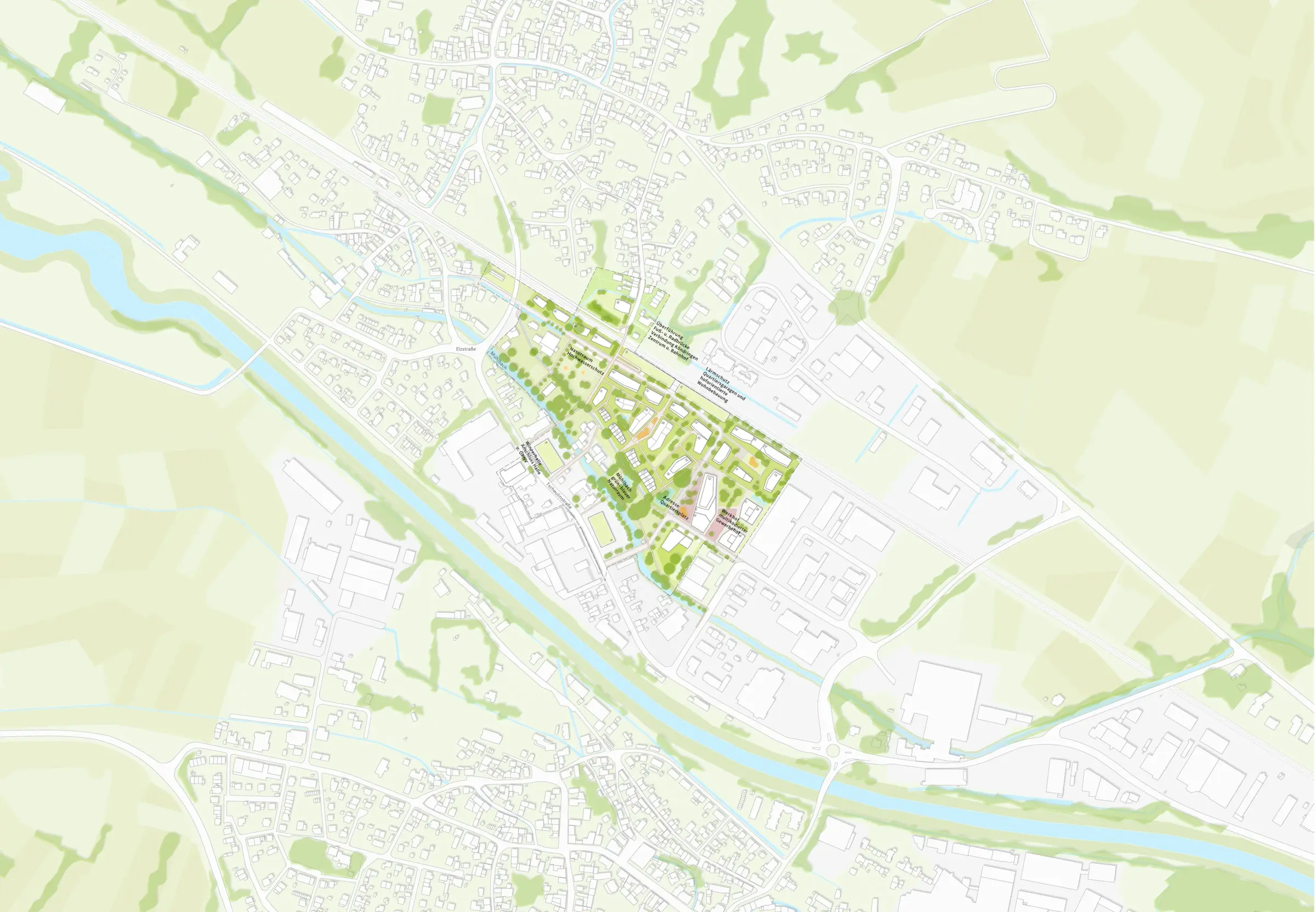 Lageplan zeigt ein Werkareal entlang eines Flusses, umgeben von Siedlungsgebieten und grünen Freiflächen.