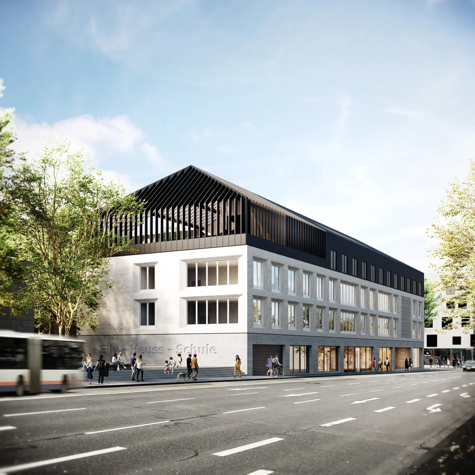 Straßenperspektive eines Schulgebäudes mit Putzfassade, dunklem Staffelgeschoss und vorgelagerter Baumreihe.