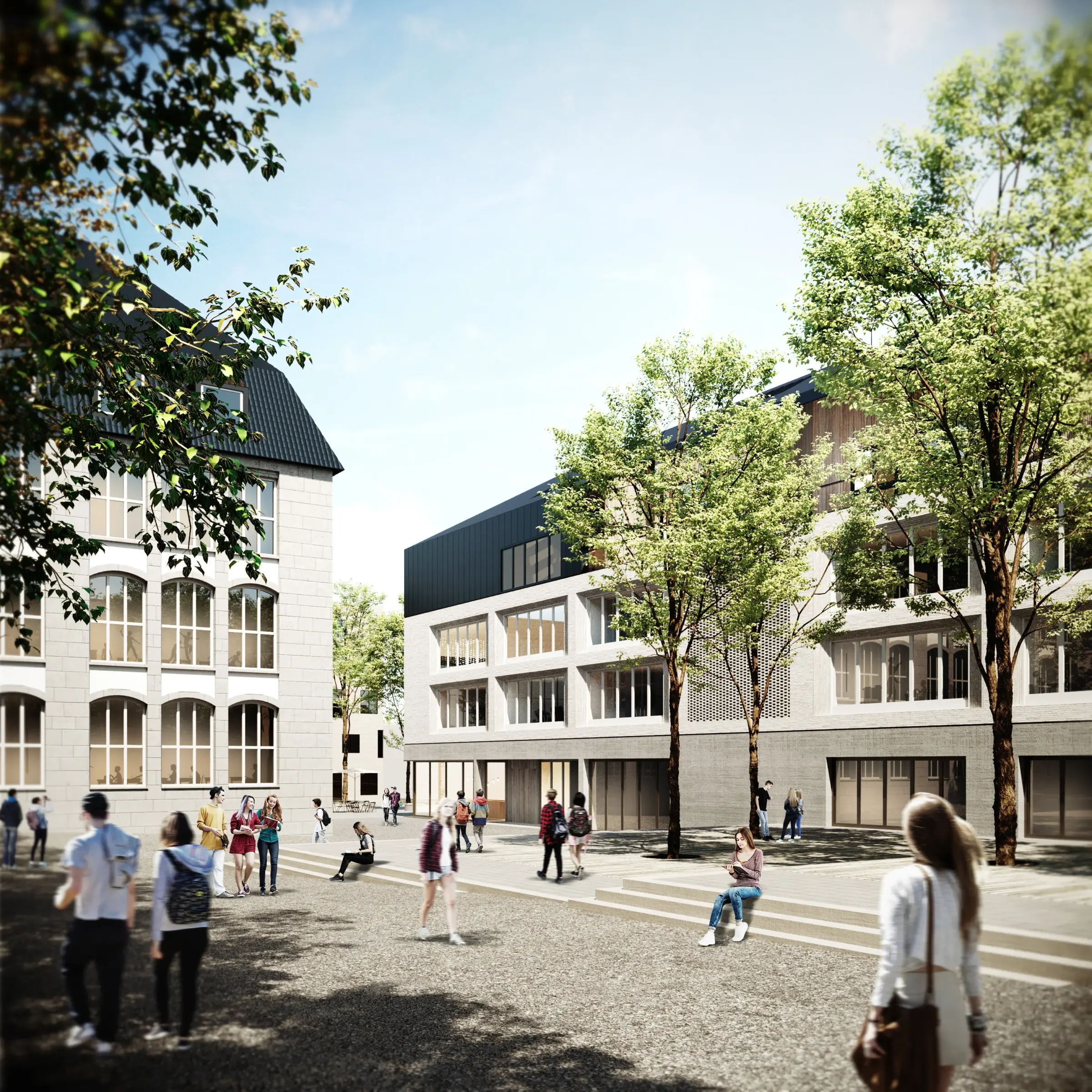 Innenhof zwischen Altbau mit Sandsteinfassade und Neubau mit heller Lochfassade und dunklem Dachaufbau.