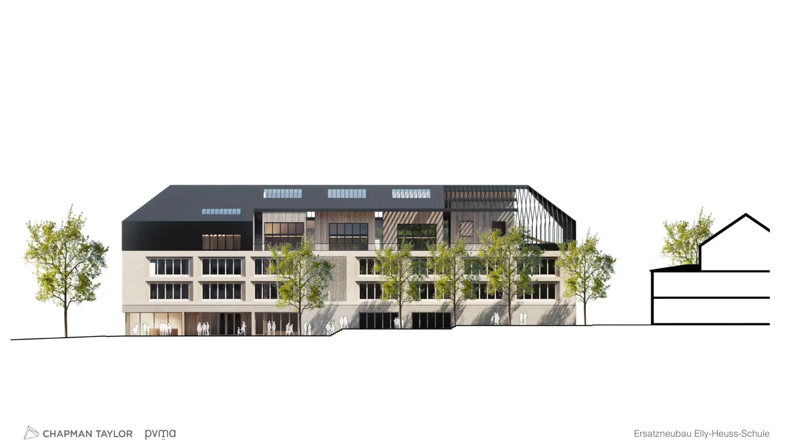 Ansicht eines viergeschossigen Schulgebäudes mit Putzfassade im Erdgeschoss und Holzverkleidung in den Obergeschossen.