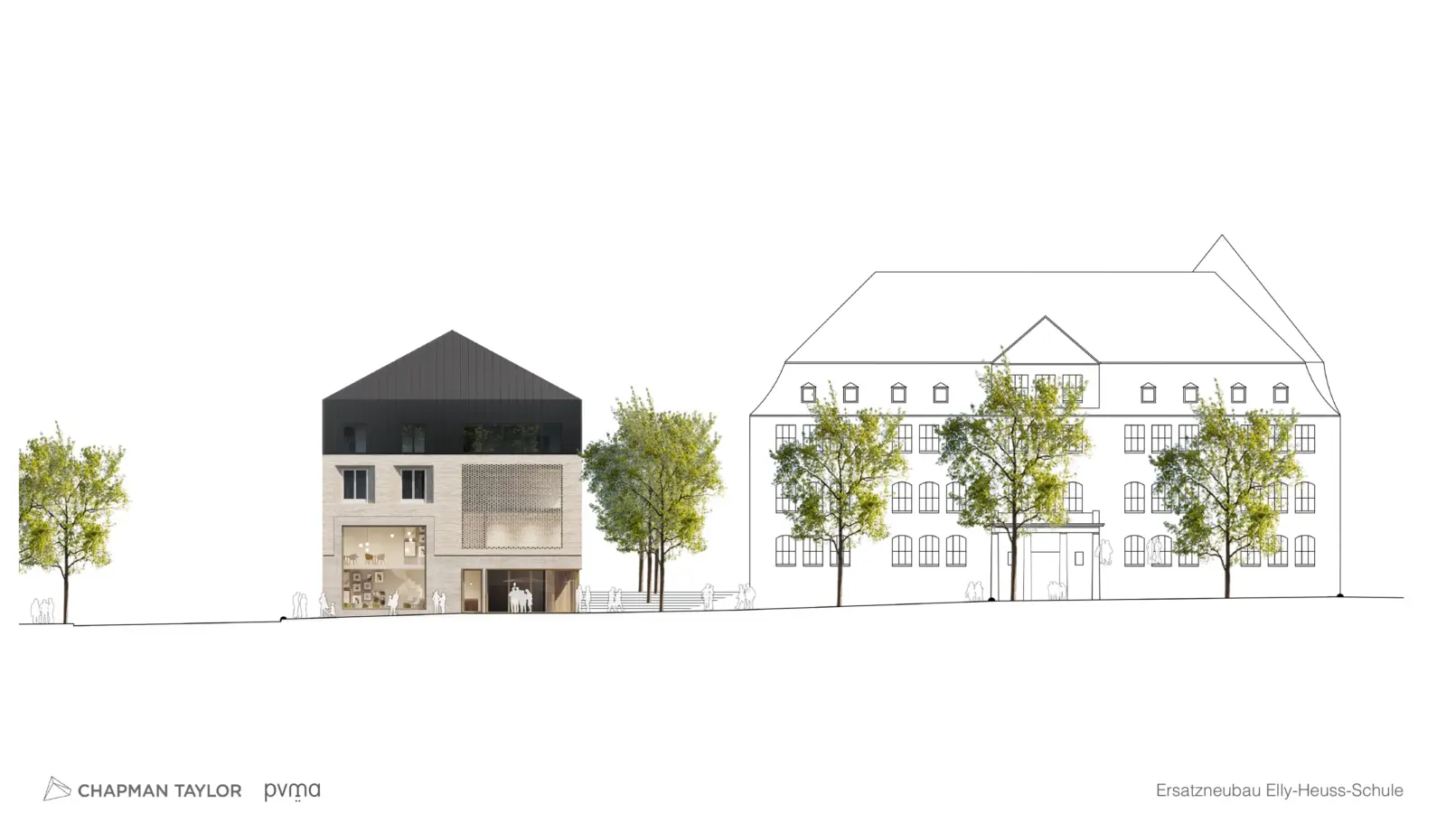 Ansicht eines Neubaus mit Satteldach und Putzfassade neben einem historischen Schulgebäude mit Fensterreihen.