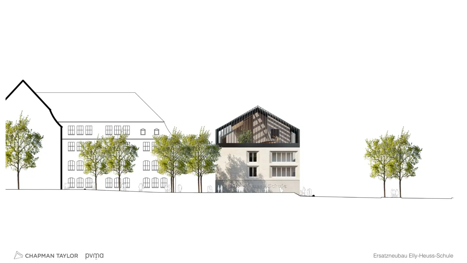 Ansicht eines Schulneubaus mit zurückgesetztem Dachgeschoss neben einem giebelständigen Bestandsgebäude, Bäume säumen die Straße.