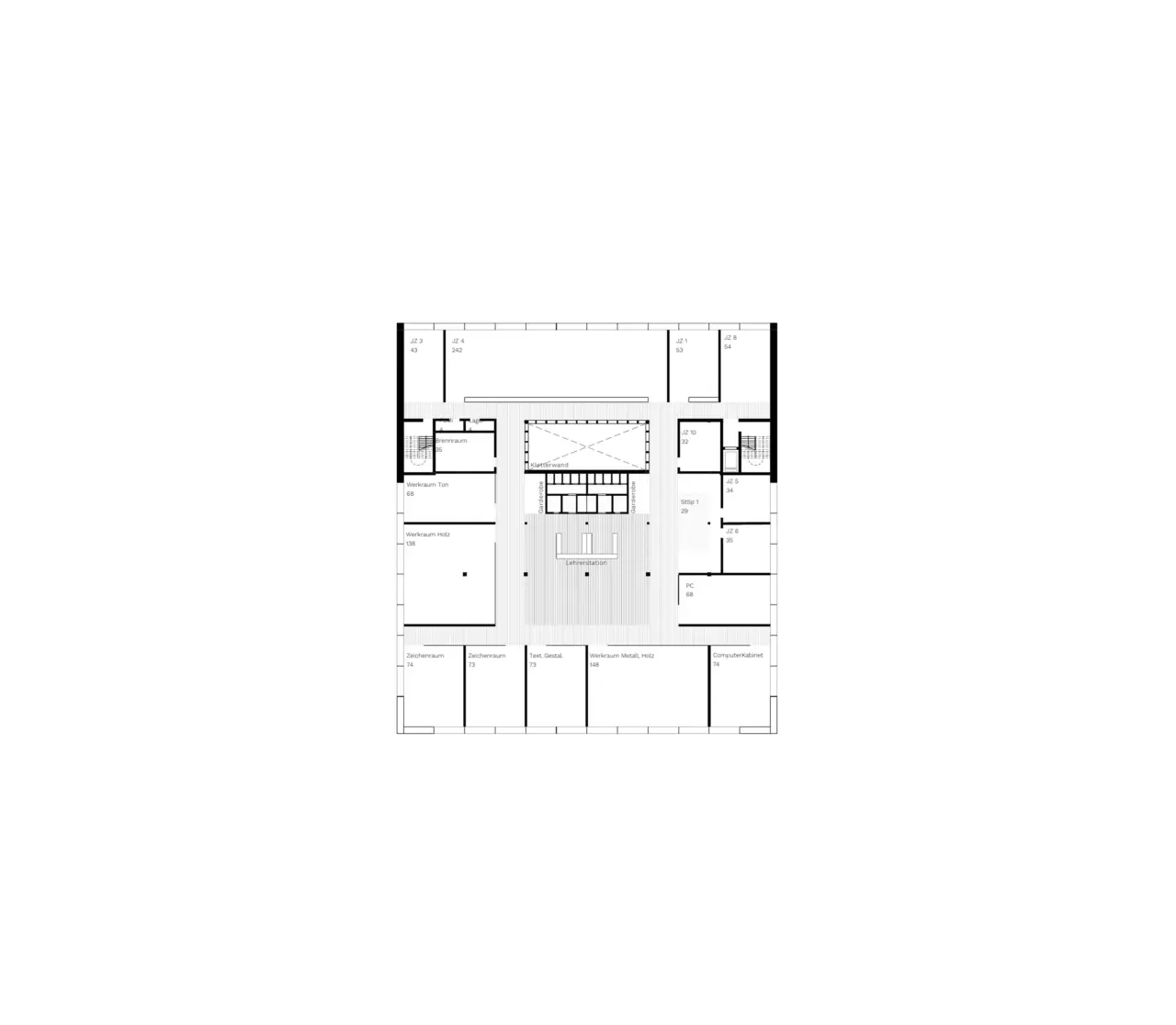 Grundriss des 1. Obergeschosses mit zentralem Innenhof, umgeben von rechteckigen Raumzellen unterschiedlicher Grösse.