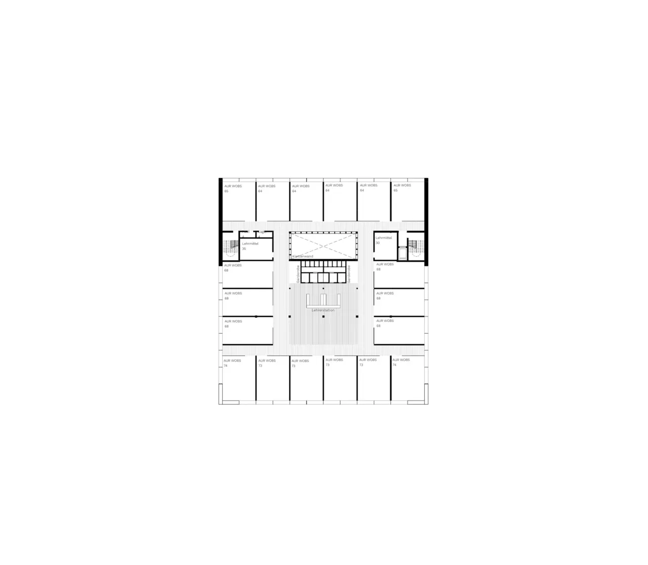 Grundriss des 1. Obergeschosses mit ringförmig um einen zentralen Innenhof angeordneten Räumen.