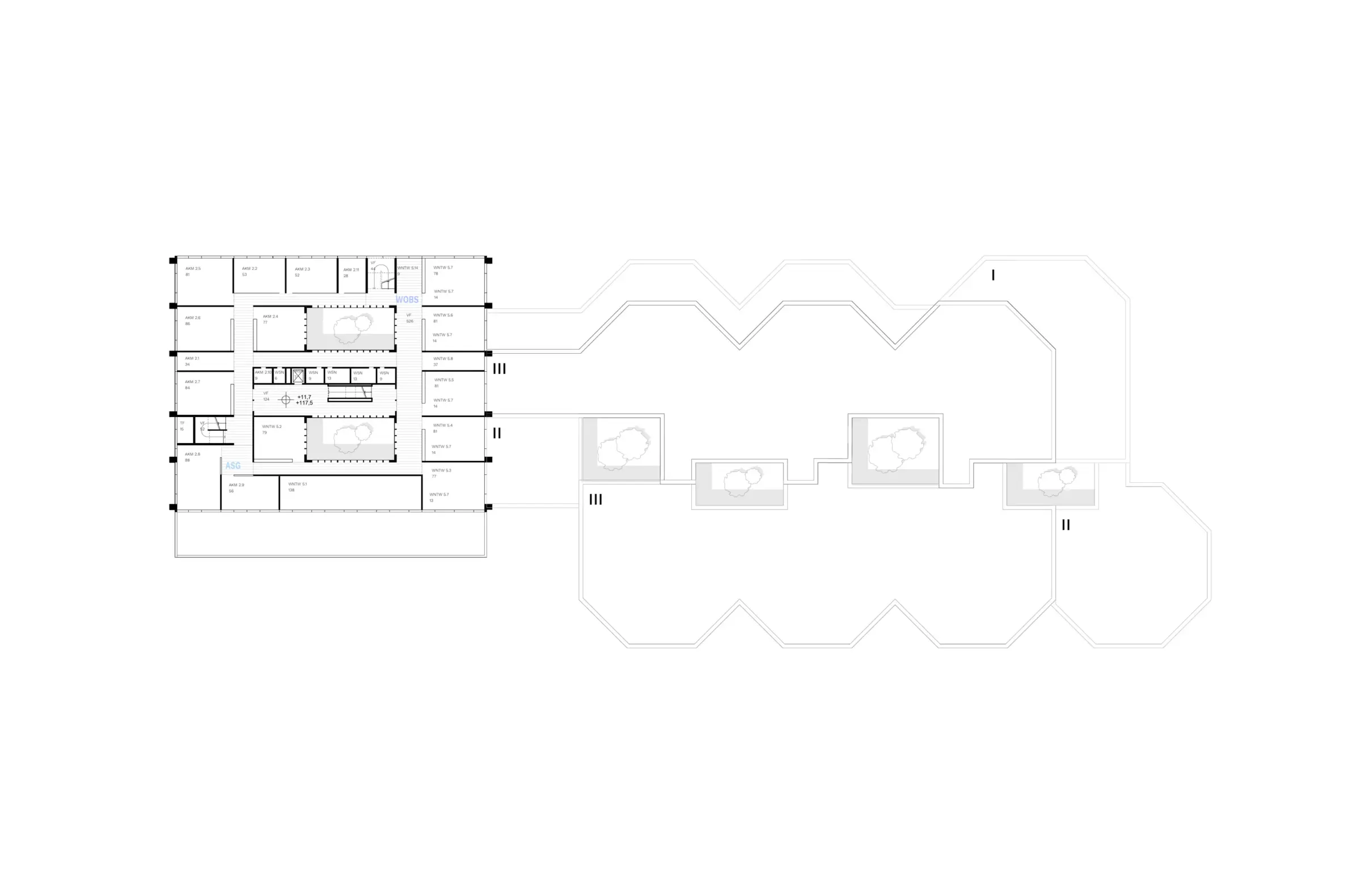 Grundriss des dritten Obergeschosses zeigt einen langgestreckten Bautrakt mit Einzelräumen entlang der Fassade.