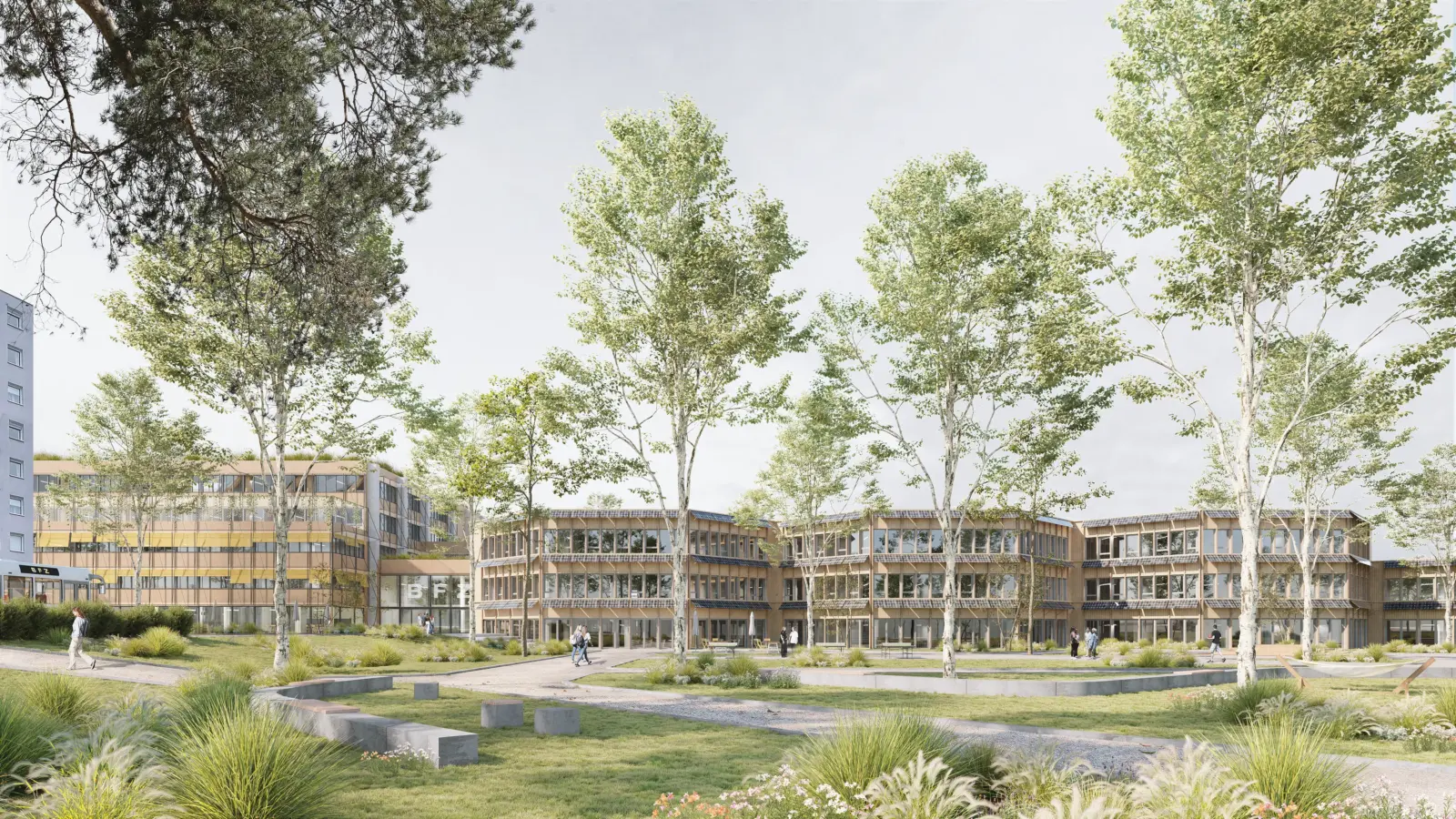 Mehrgeschossige Schulgebäude mit Holzfassade umschließen einen begrünten Innenhof mit Bäumen und Wegen.