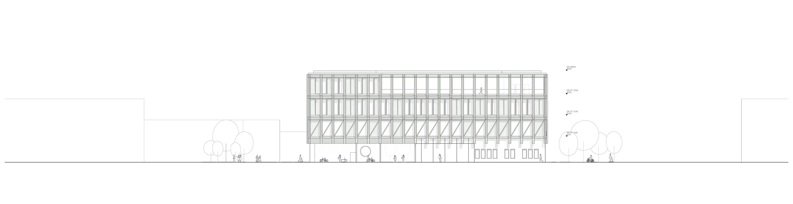 Ansicht von Osten eines viergeschossigen Gebäudes mit regelmässiger Stützenraster-Fassade und Baumreihen davor.