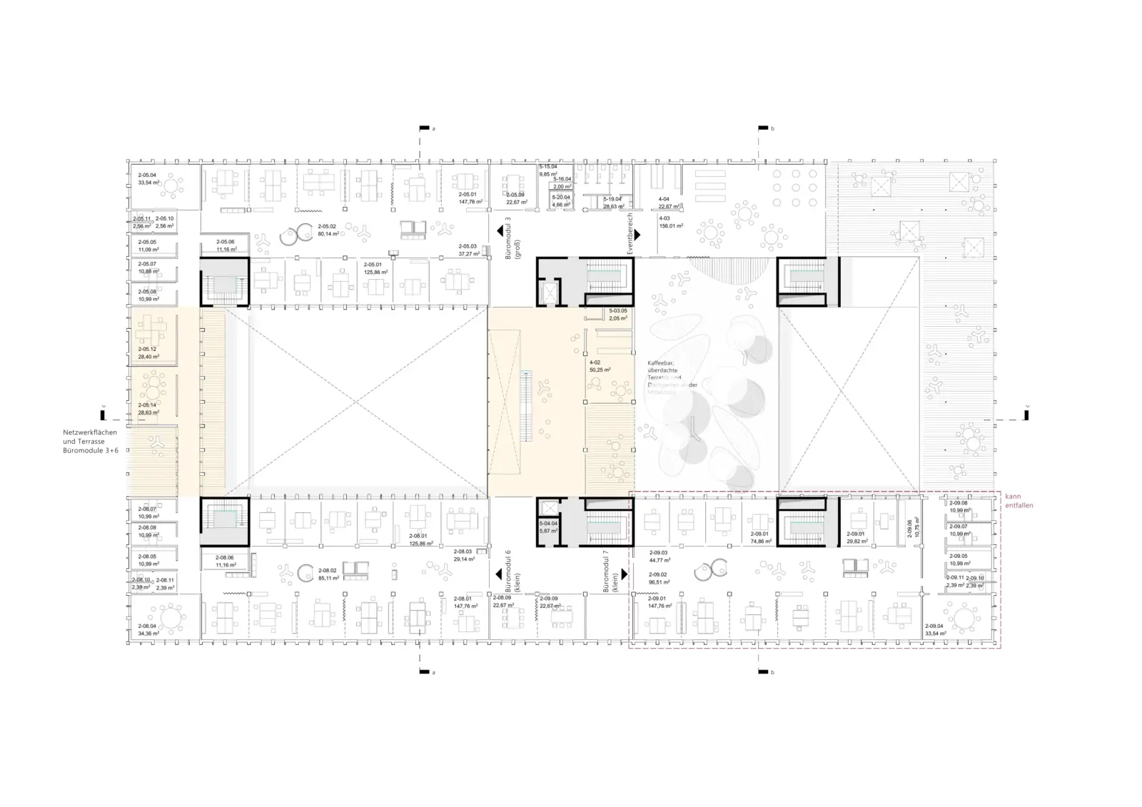 Grundriss eines Obergeschosses zeigt Büromodule entlang der Fassade und begrünte Innenhöfe im Gebäudekern.