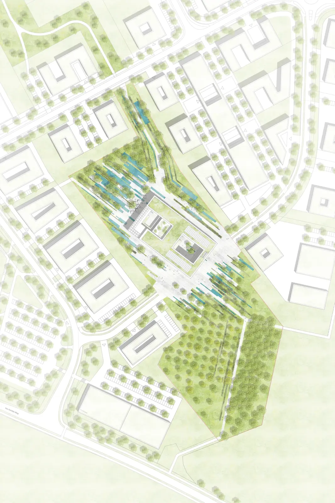 Lageplan zeigt ein Baufeld mit umgebender Blockrandbebauung, grünen Freiflächen und blauen Wasserflächen entlang zentraler Wege.