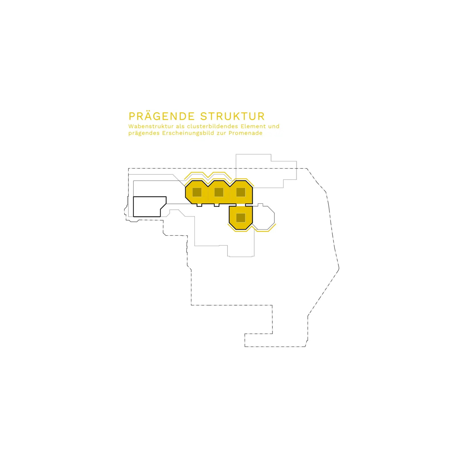 Diagrammatische Strukturanalyse zeigt gelb hervorgehobene Wabenstruktur innerhalb des Gebäudeumrisses als prägendes Element zur Promenade.
