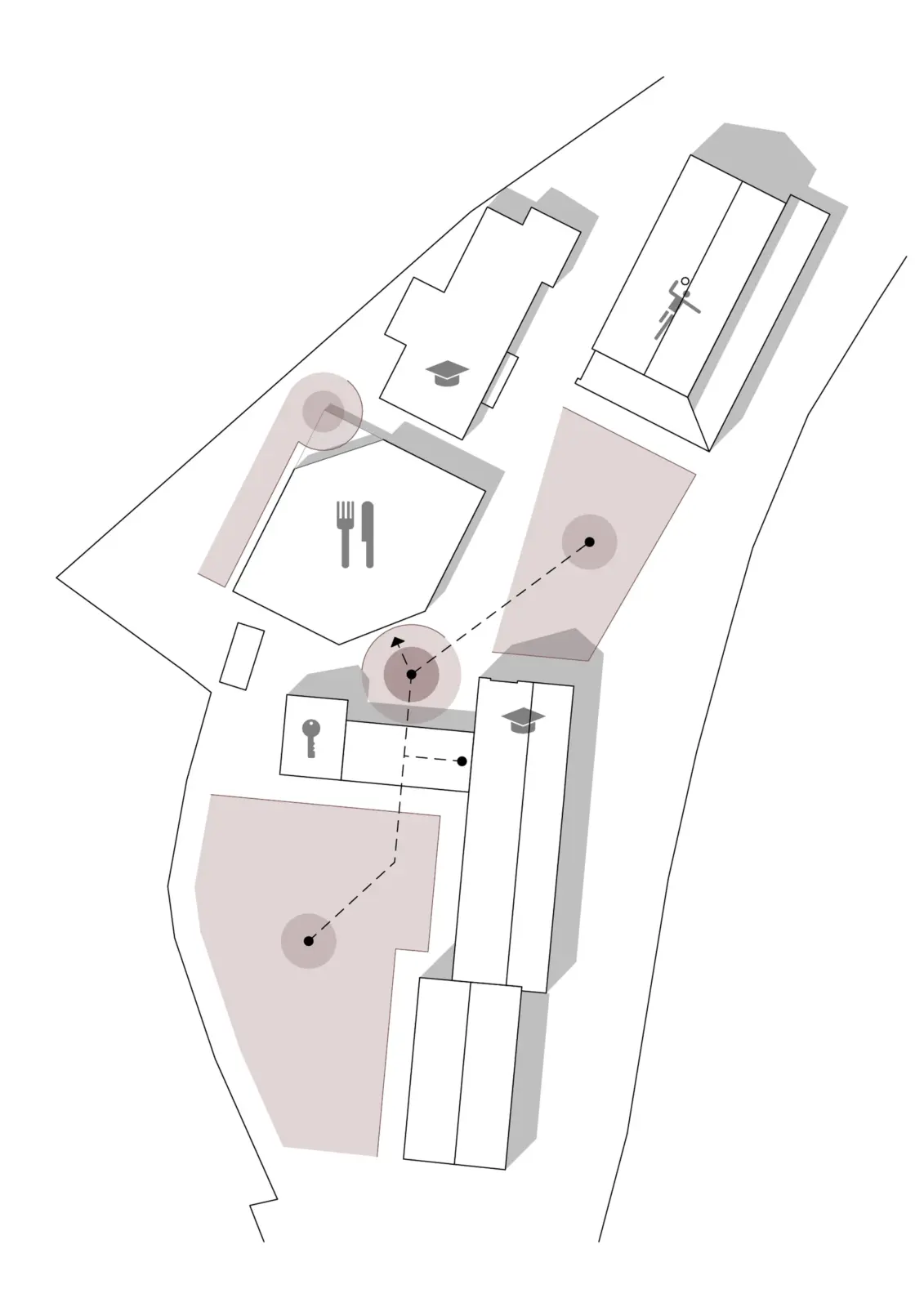 Schwarzplan mit Gebäudeblöcken und Piktogrammen zeigt funktionale Beziehungen zwischen Speisesaal, Schulhaus und Freiflächen.