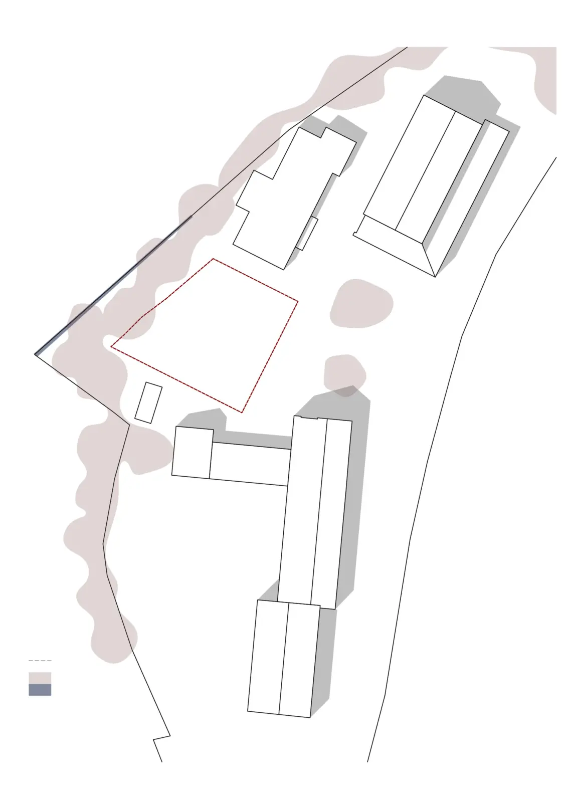 Piktogramm mit Grünkanten entlang der Grundstücksränder und rot gestricheltem Baufeld zwischen Bestandsgebäuden.