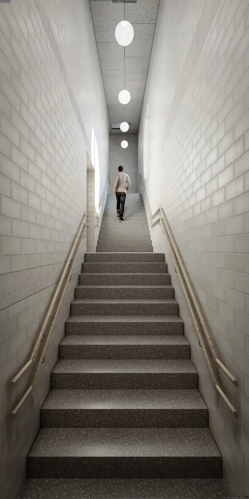 Innenraumperspektive eines Treppenhauses mit gefliesten Wänden und kugelförmigen Hängeleuchten über der Treppe.