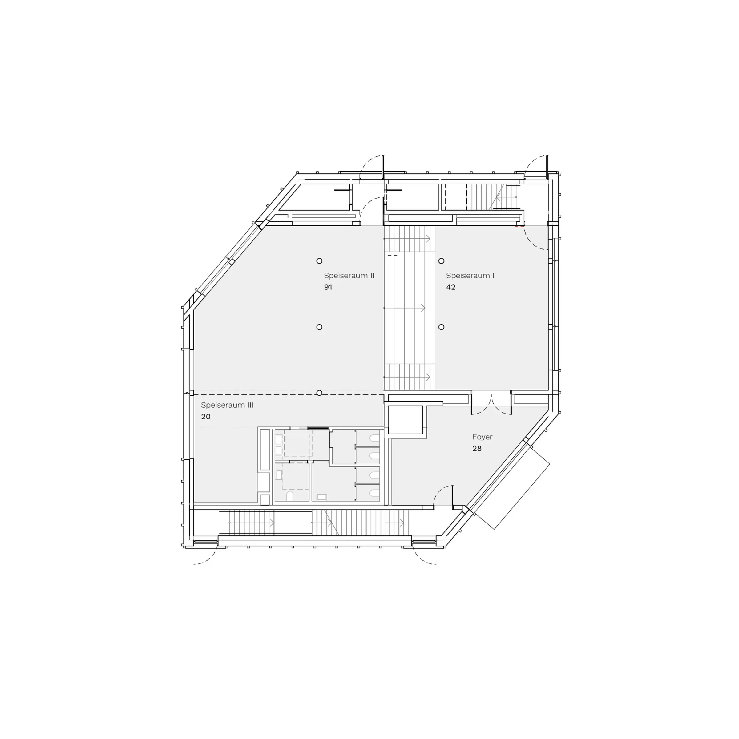 Grundriss des Erdgeschosses mit polygonalem Gebäudeumriss, drei Speiseräumen, Treppenhaus und Foyer.