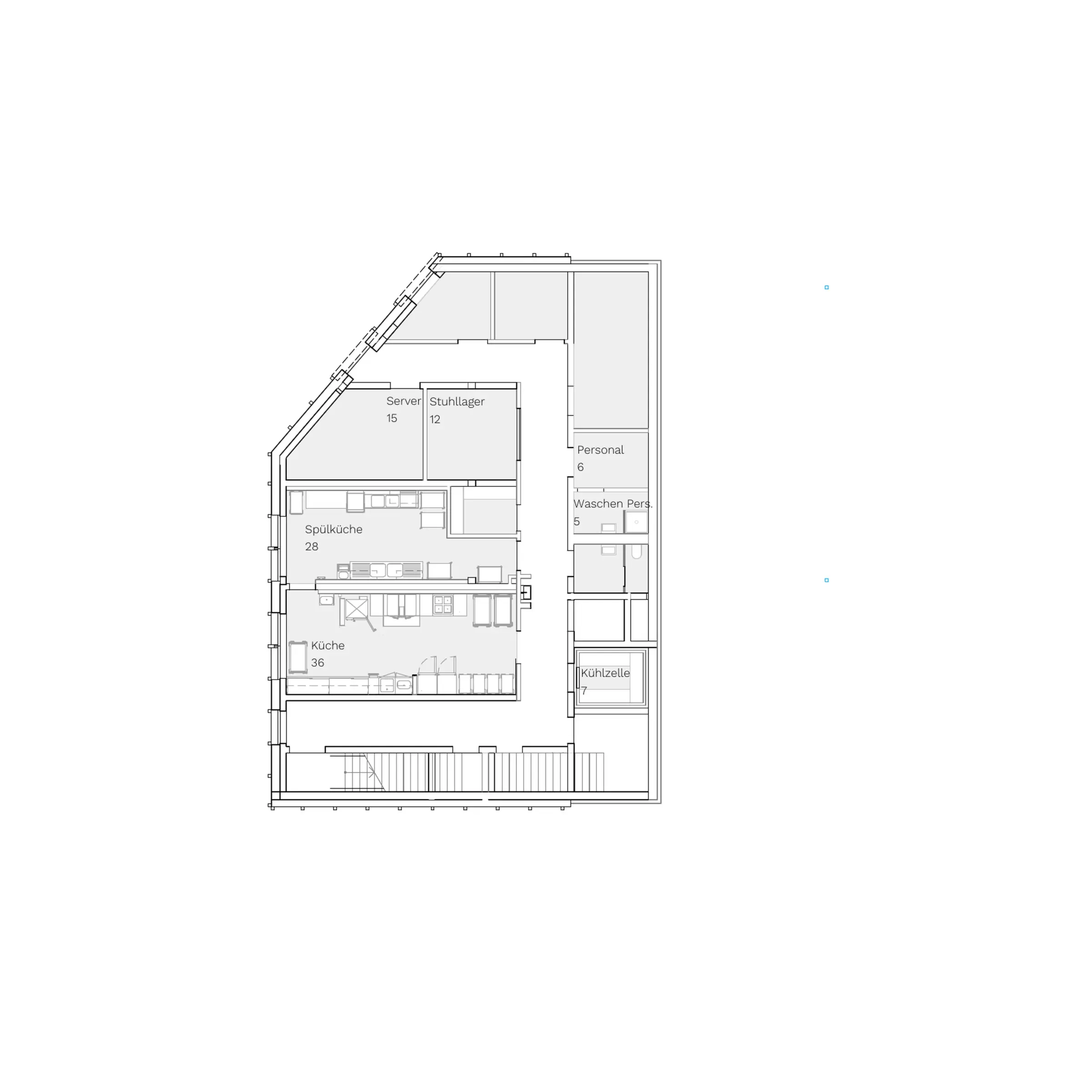 Grundriss des Kellergeschosses mit Küche, Spülküche, Kühlzelle, Personalräumen und Treppenhaus.