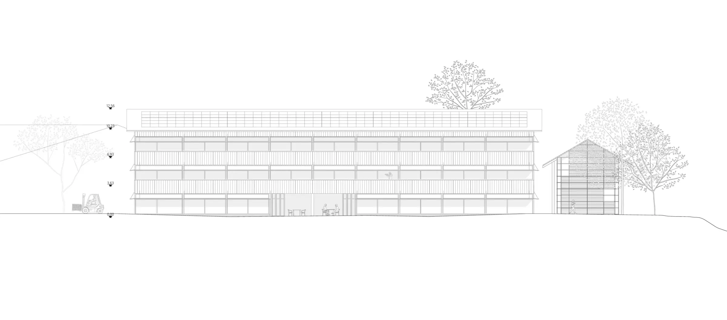 Ansicht von Süden eines viergeschossigen Gebäudes mit horizontal gegliederter Fassade und flachem Dach.