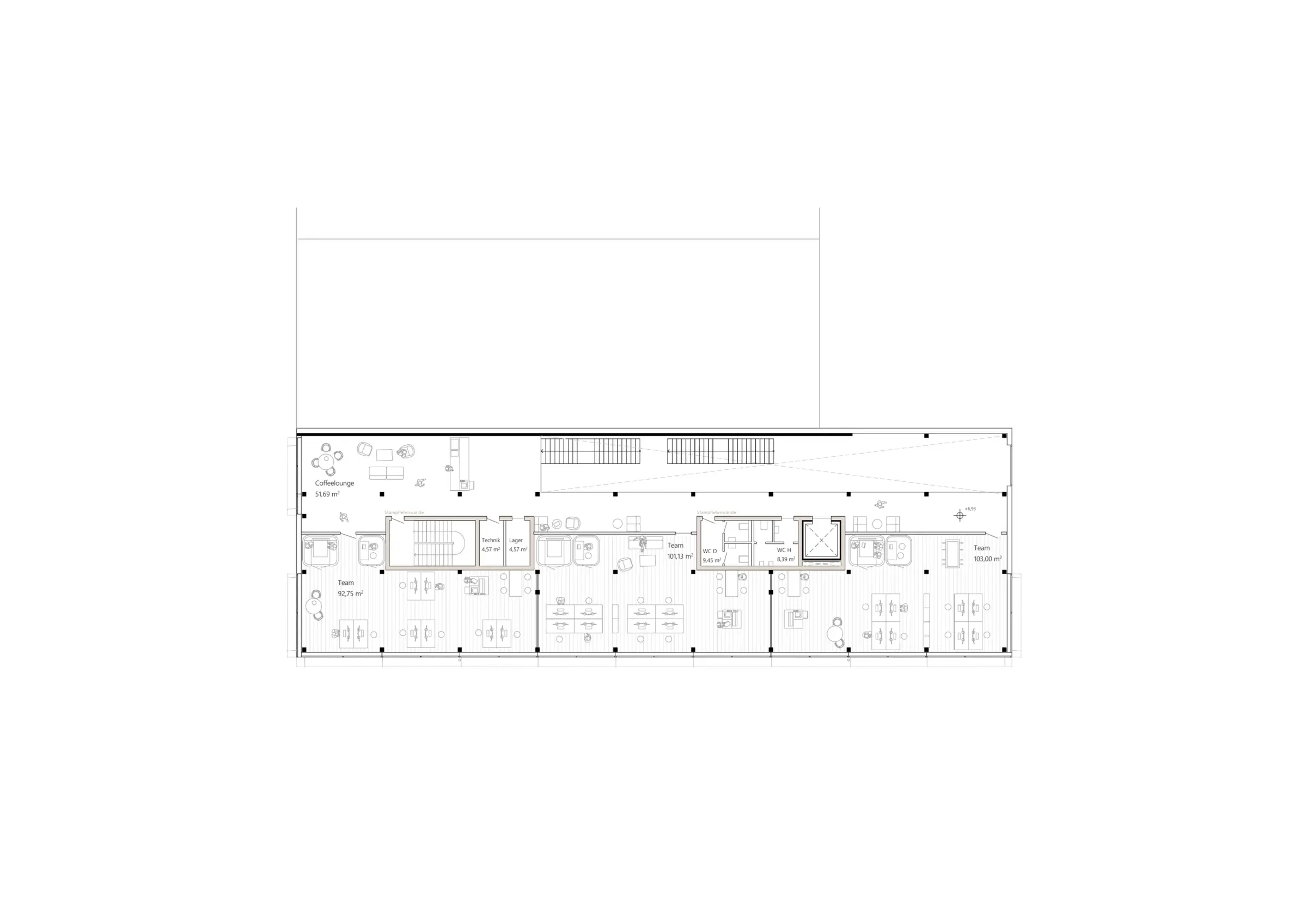 Grundriss des zweiten Obergeschosses mit langgestrecktem Bürogeschoss, Teamzonen und zentraler Coffeelounge.