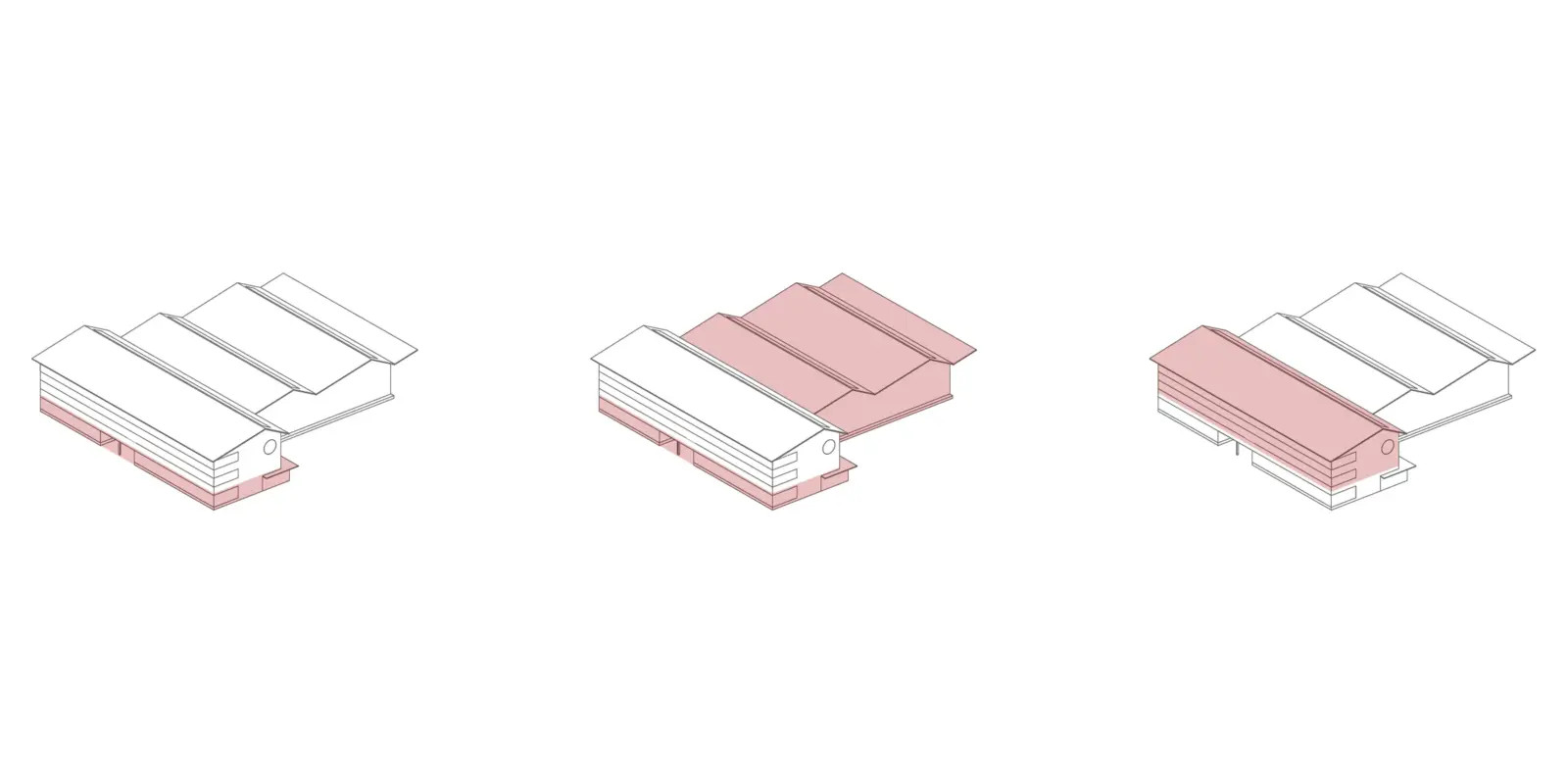 Drei vereinfachte Axonometrien eines Satteldachbaus heben je einen Bauteil in Rosa hervor: Sockel, Dach und Erdgeschoss.