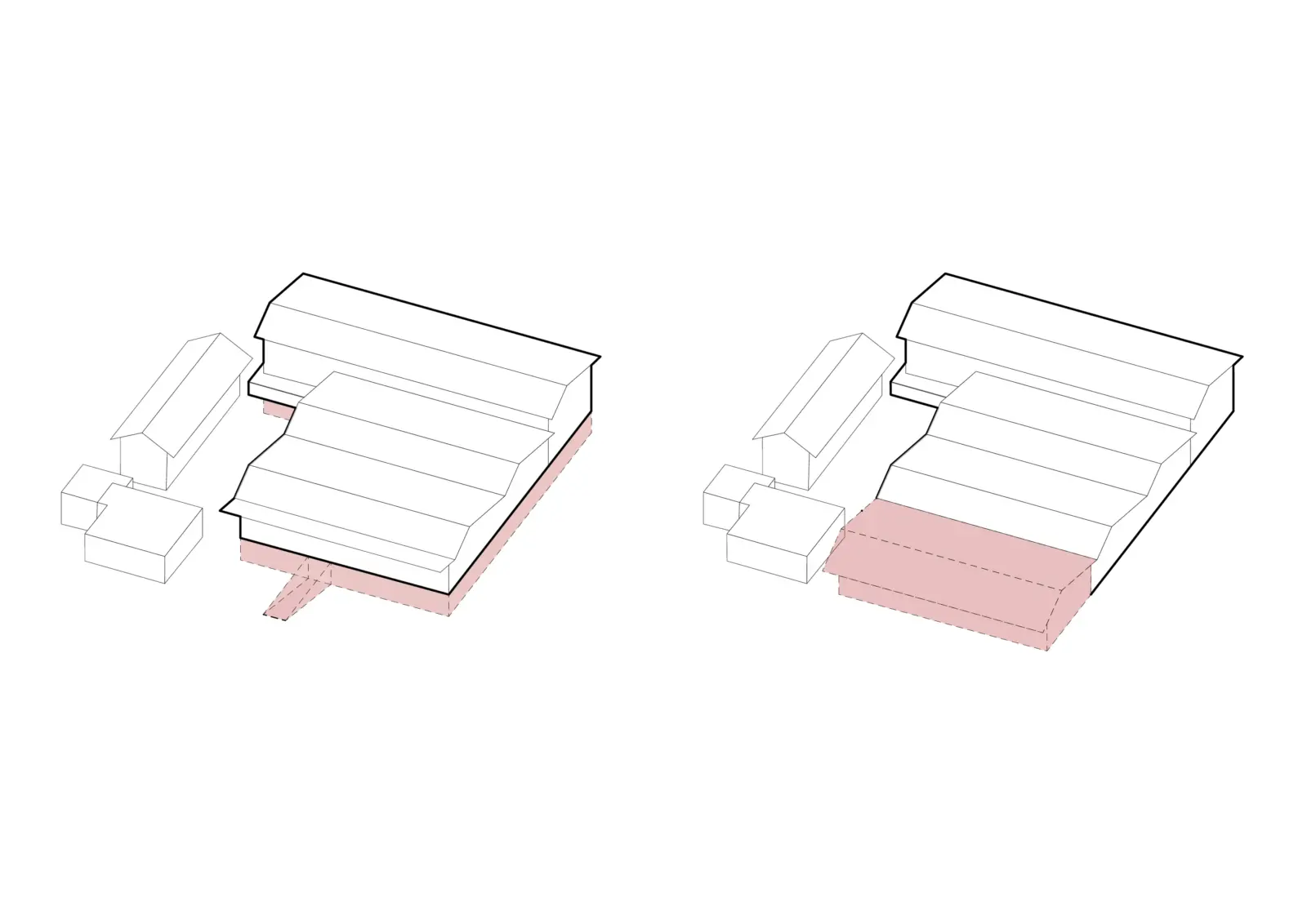 Zwei Axonometrien vergleichen unterschiedliche Lage und Form eines rosa markierten Parkbereichs neben einem gestaffelten Gebäudevolumen.
