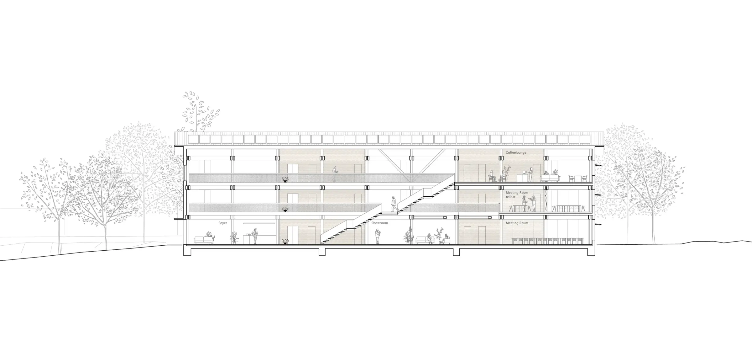 Längsschnitt eines dreigeschossigen Gebäudes mit zentraler Treppe, Foyer, Besprechungsräumen und Coffeelounge.
