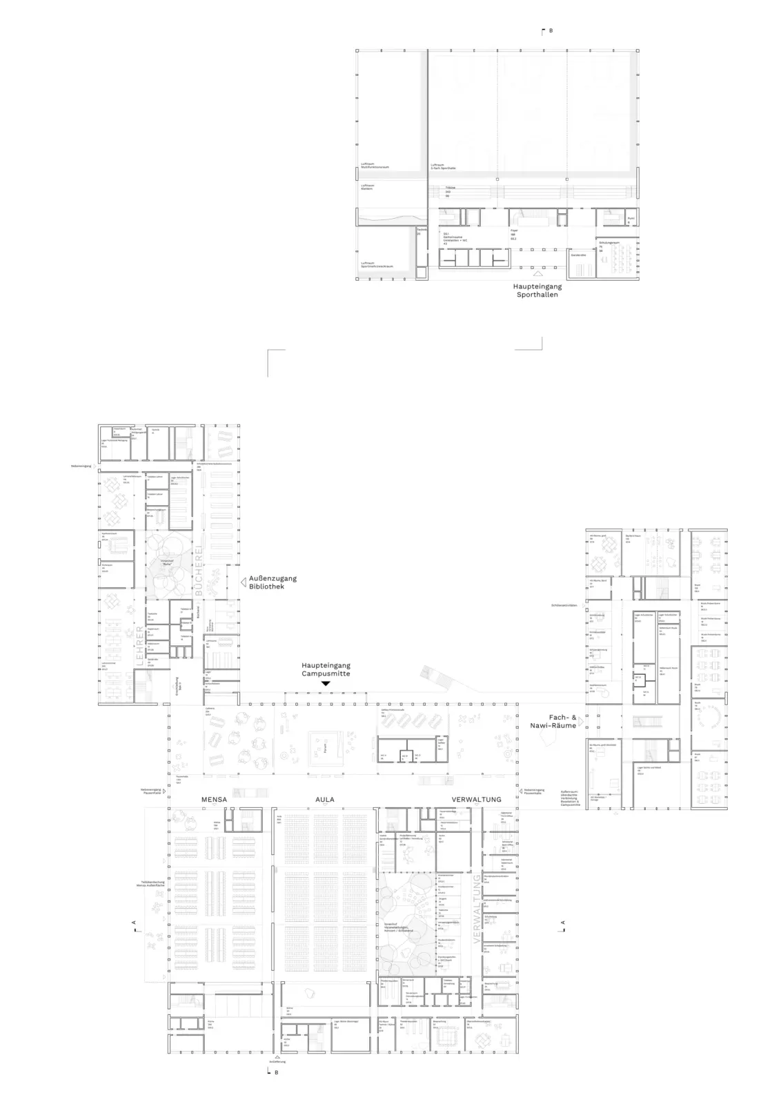 Grundriss des Erdgeschosses mit Bibliothek, Mensa, Aula und Verwaltung um eine zentrale Erschließungsachse.