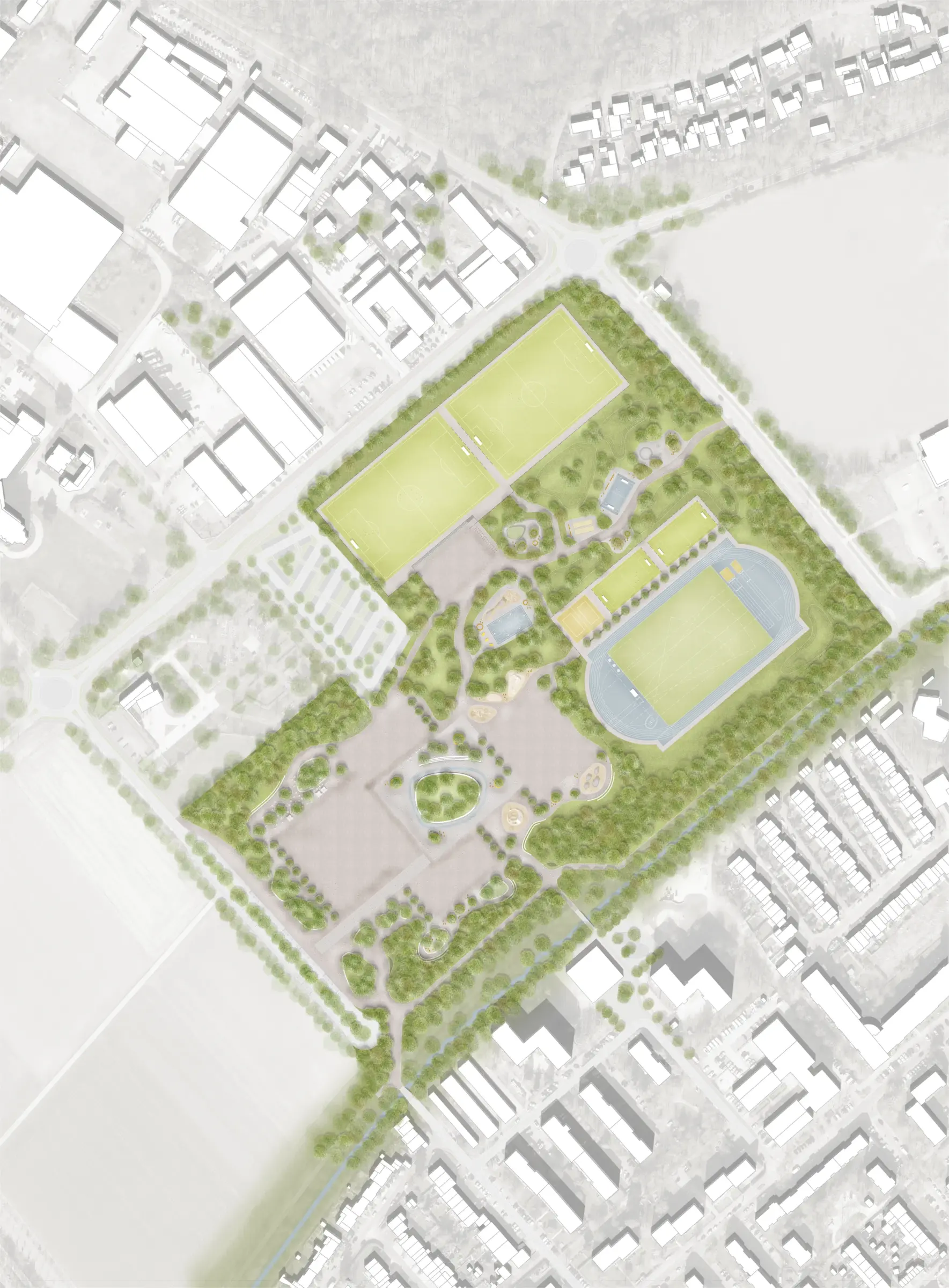 Lageplan zeigt Sportfelder, Laufbahn und Gebäudegruppen inmitten von Grünflächen und Baumbestand im Bestandsquartier.