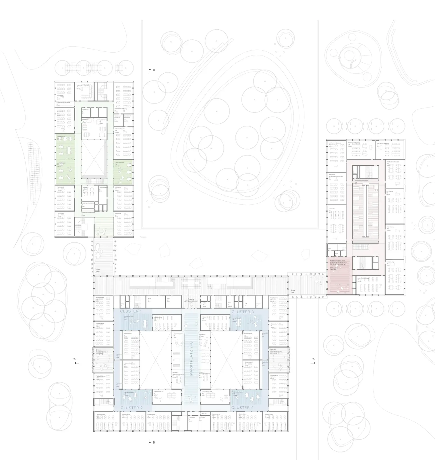 Grundriss des Obergeschosses mit vier Clustern um zentrale Marktplätze und einem separaten Verwaltungstrakt.