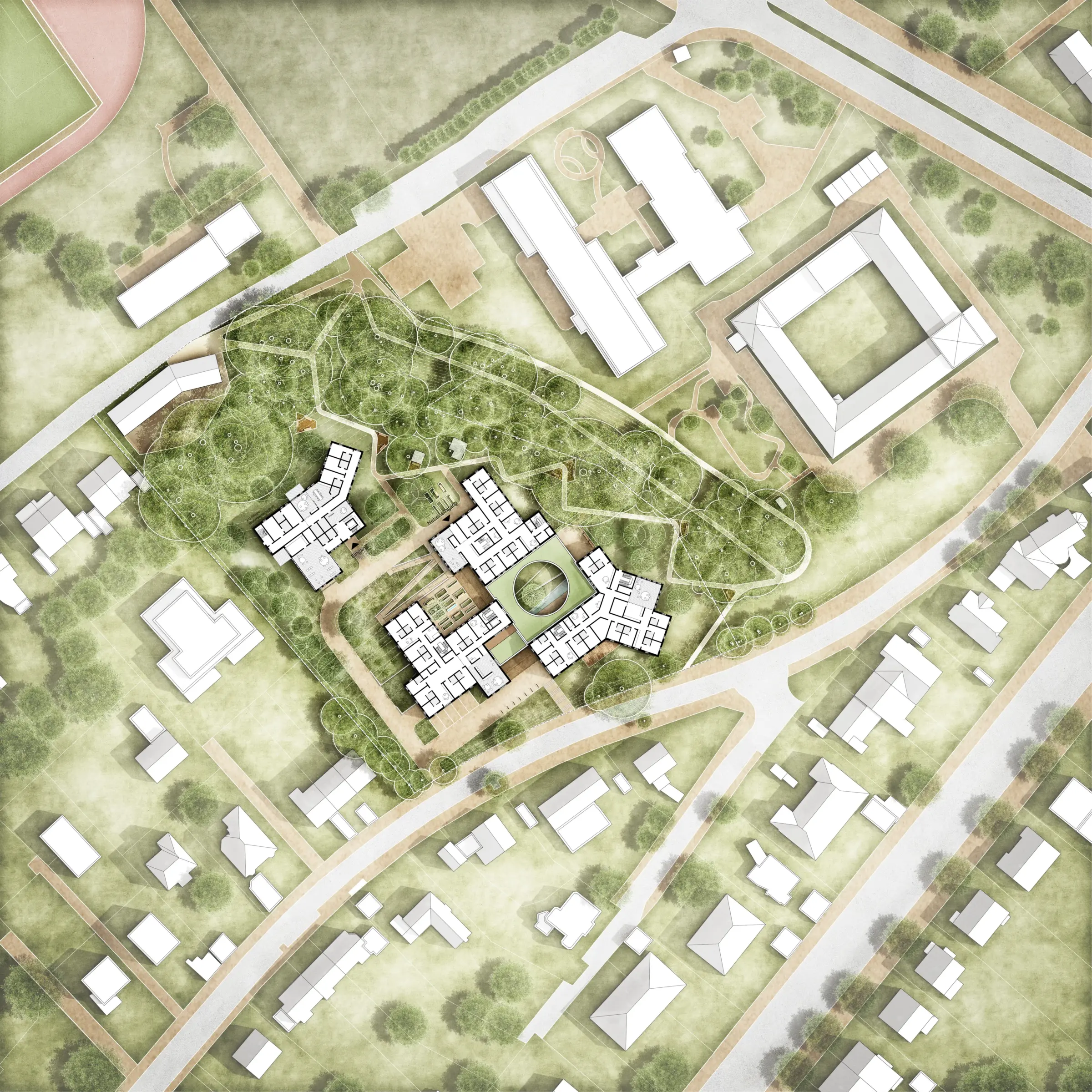 Lageplan mit Grundriss des zweiten Obergeschosses zeigt einen verzweigten Gebäudekomplex inmitten einer parkartigen Grünfläche.
