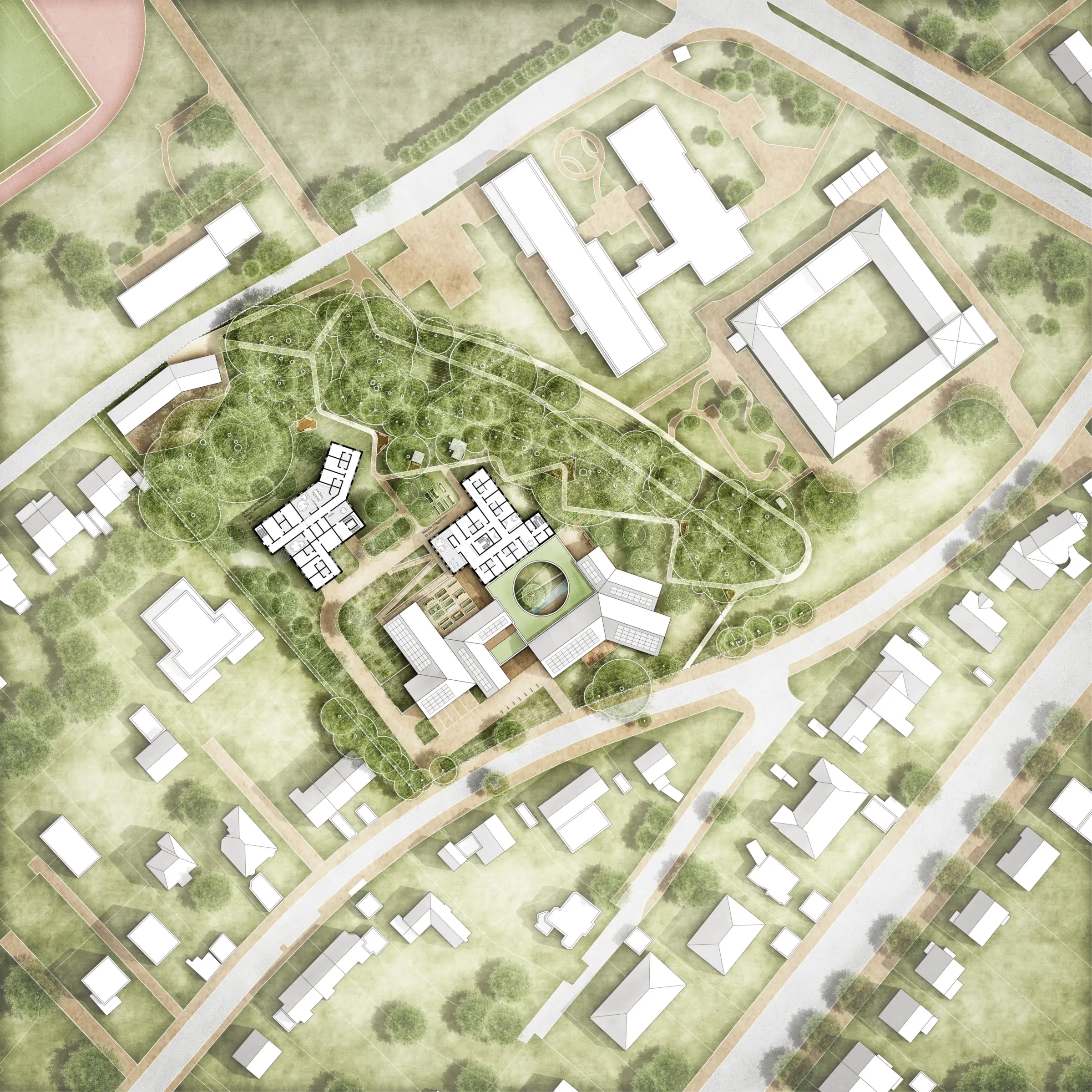 Lageplan zeigt mehrere neue Gebäude in aufgelöster Baukörperstruktur inmitten von Grünflächen und Baumbestand.