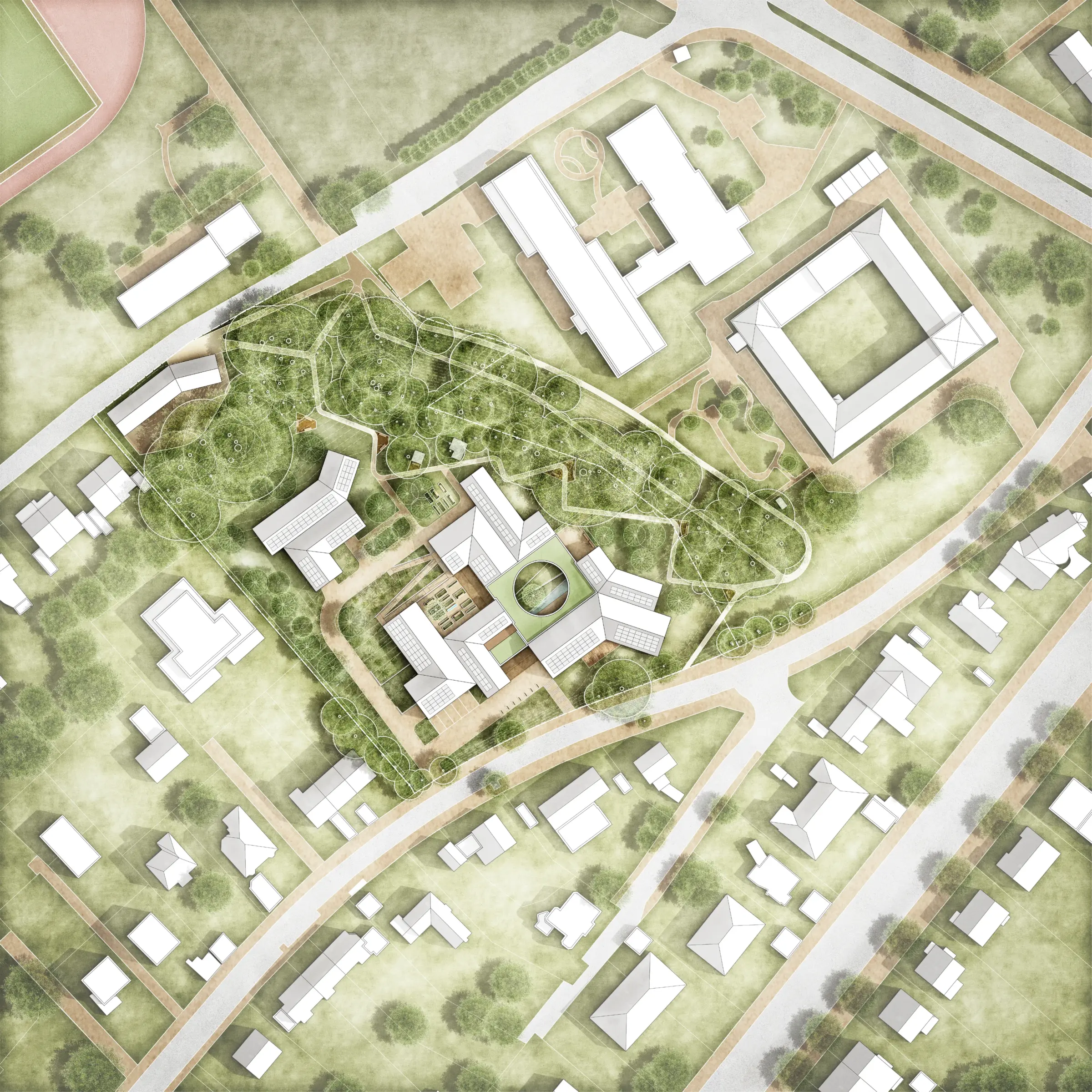 Lageplan mit einem Gebäudeensemble um einen begrünten Innenhof, umgeben von Bestandsbauten und einer großen Parkfläche mit Wegenetz.
