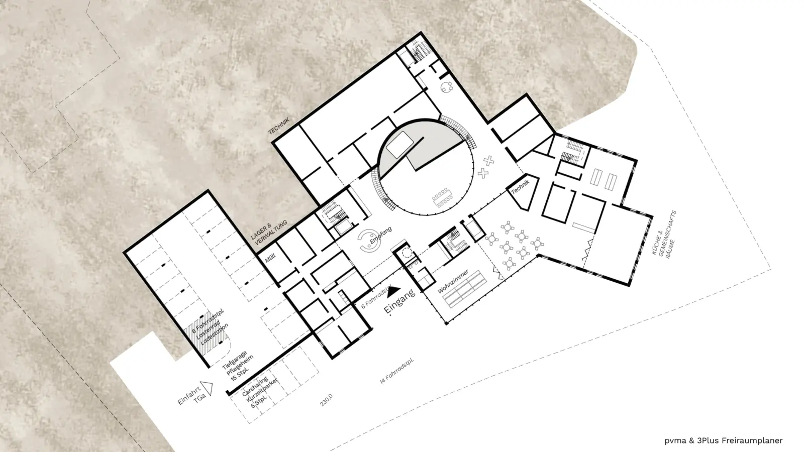 Grundriss eines Pflegeheims mit zentralem Rundraum, Wohnbereichen, Küche, Verwaltung und Tiefgaragenzufahrt, schräg