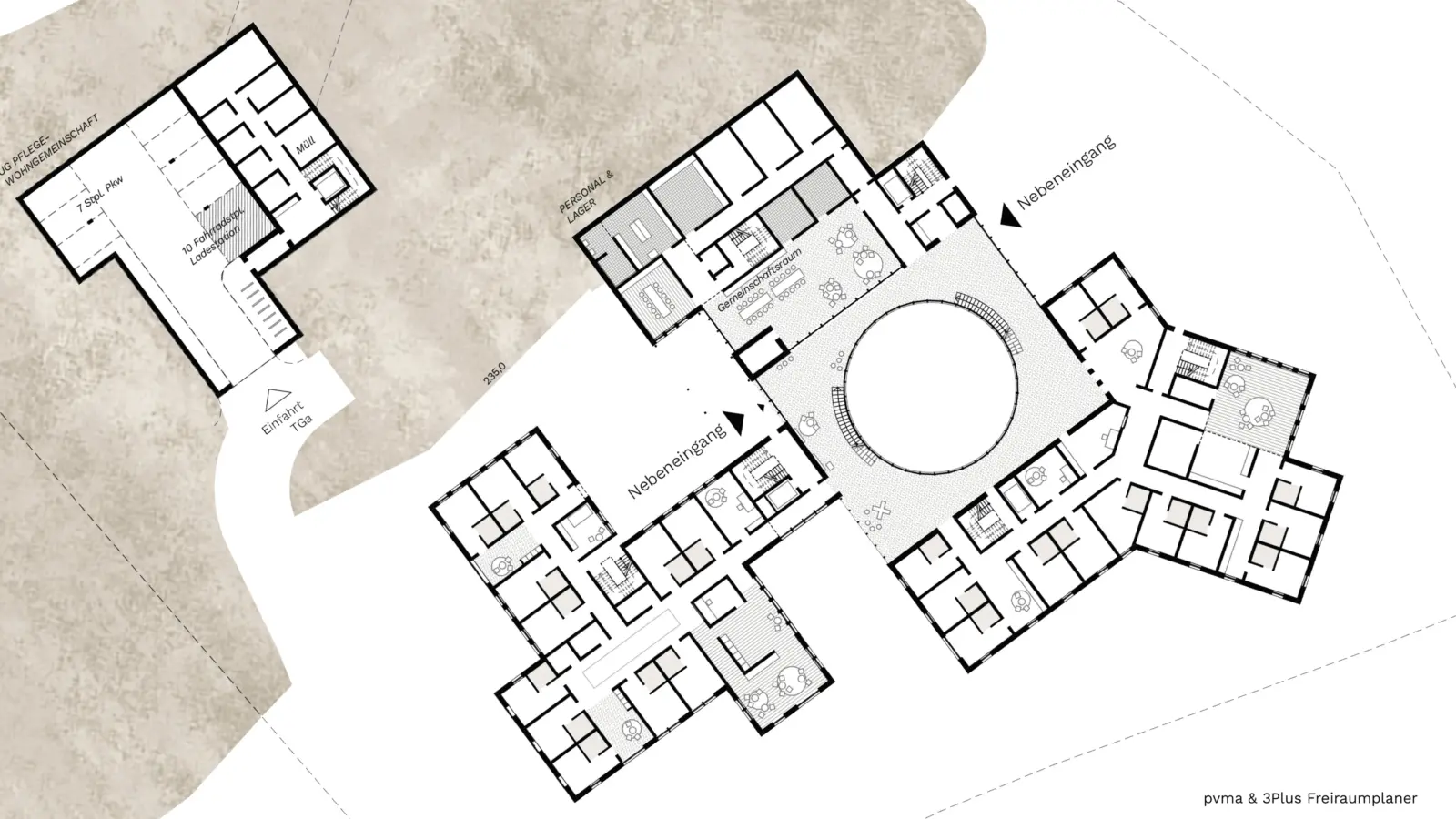 Grundriss zeigt eine sternförmige Anlage aus mehreren Flügeln um einen kreisrunden Innenhof mit Gemeinschaftsforum.