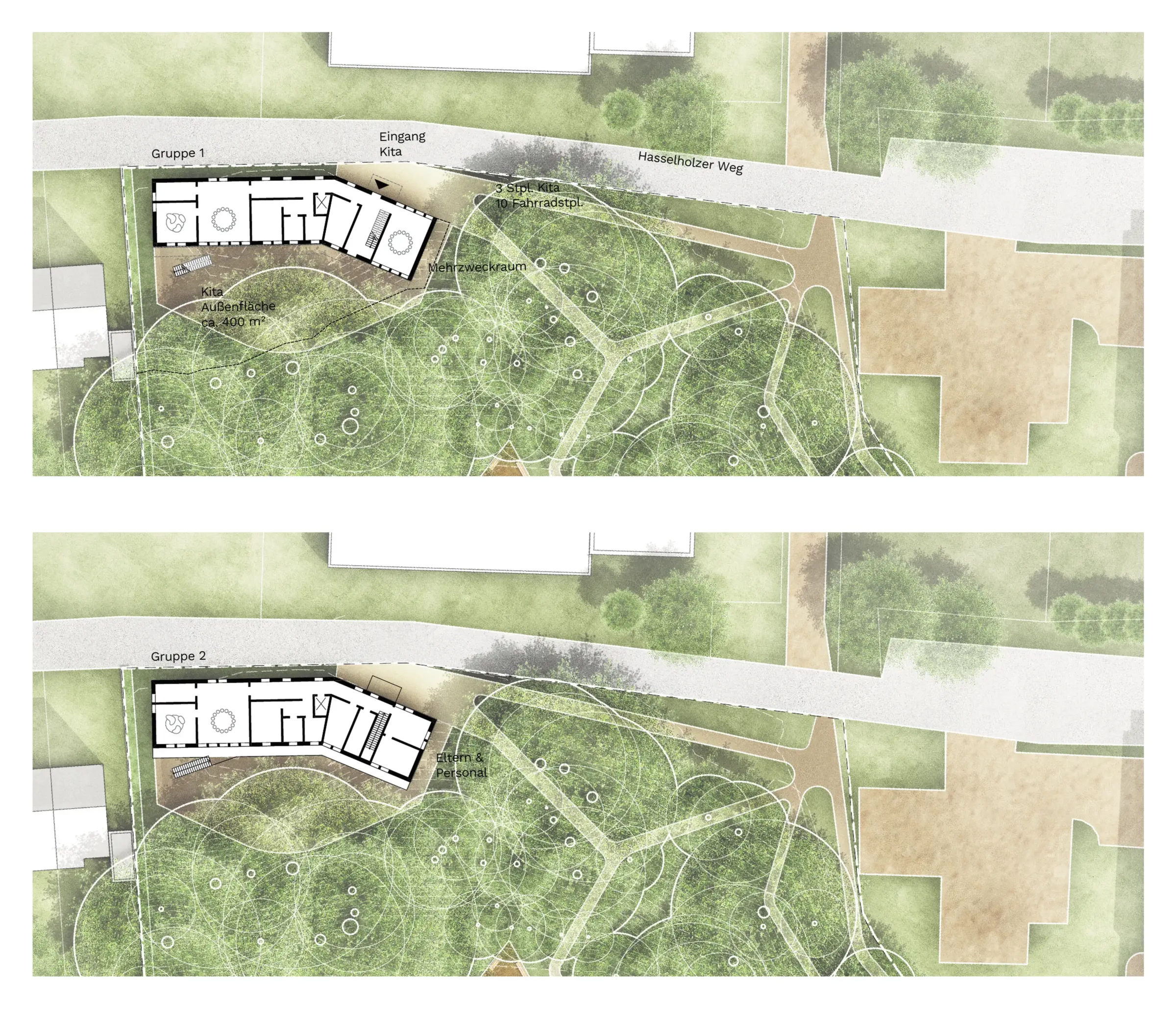 Zwei Lagepläne zeigen den eingeschossigen Kita-Neubau mit zwei Gruppentrakten am Hasselholzer Weg, eingebettet in einen dicht bepflanzten Garten.
