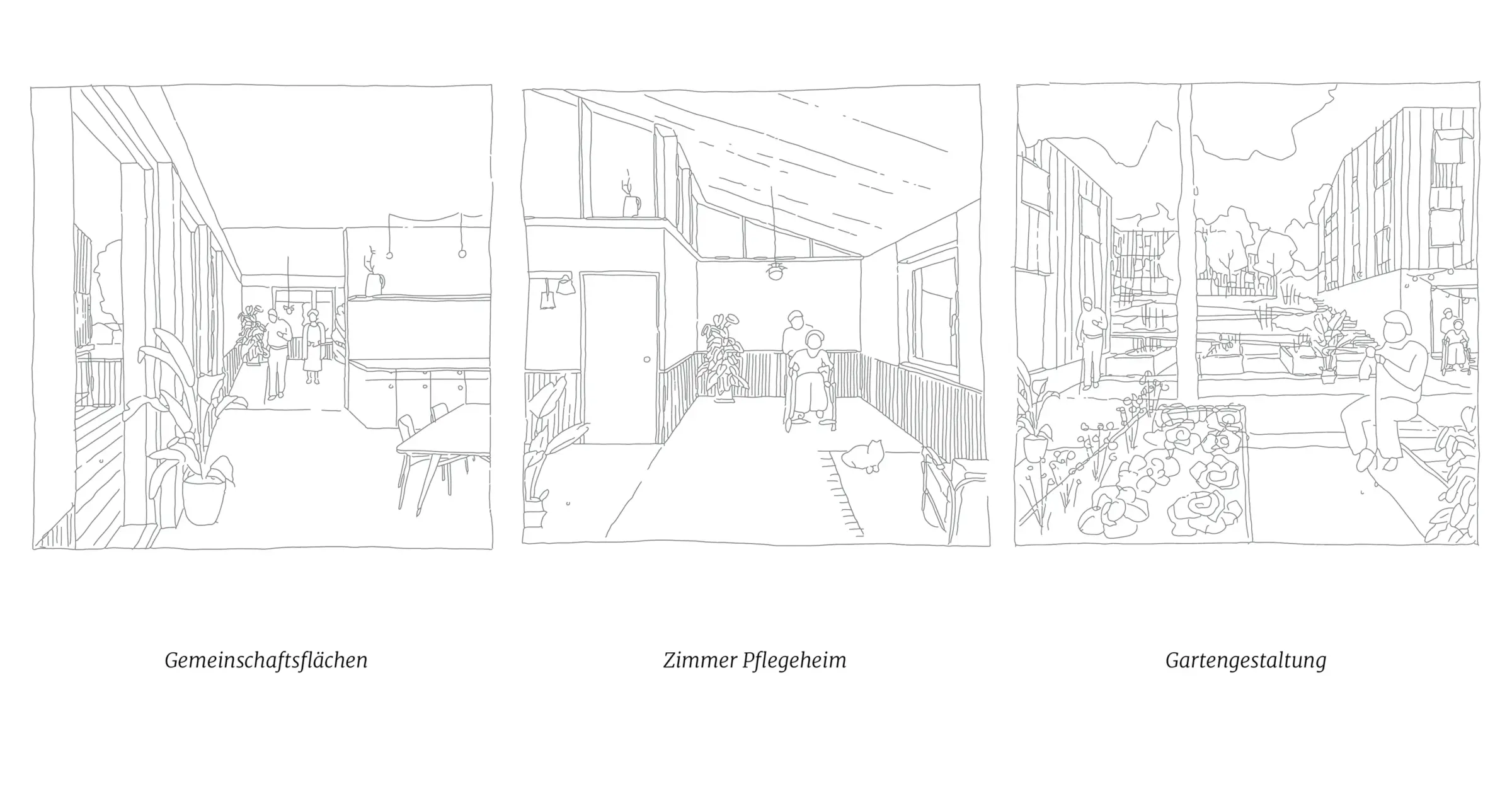 Drei Strichzeichnungen zeigen Gemeinschaftsflächen, ein Zimmer im Pflegeheim und die Gartengestaltung eines Pflegeheims mit Personen.