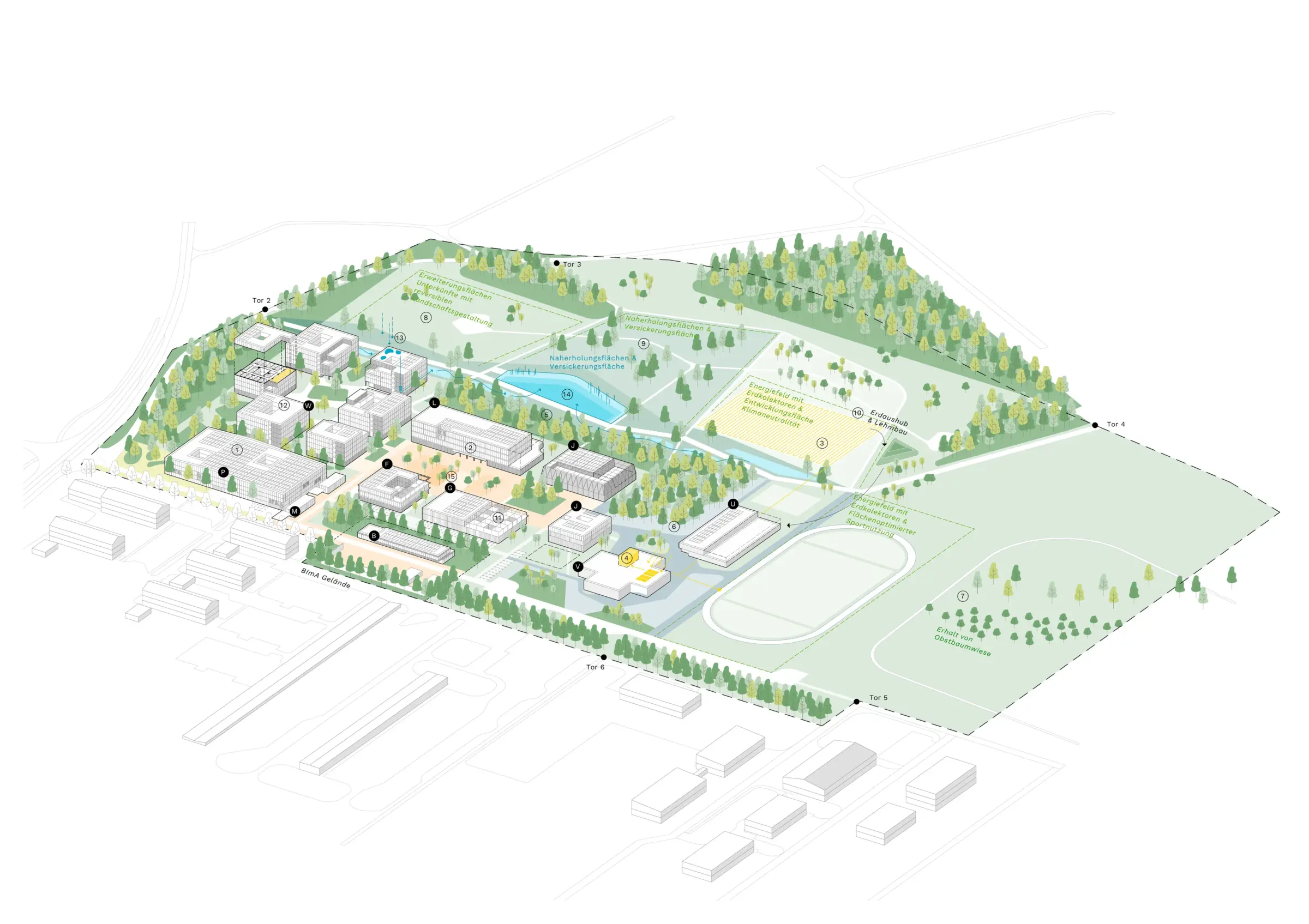 Axonometrie eines Campusgeländes mit mehreren Gebäuden, Erschließungswegen, einem Teich, Sportfeldern und umgebendem Baumbestand.